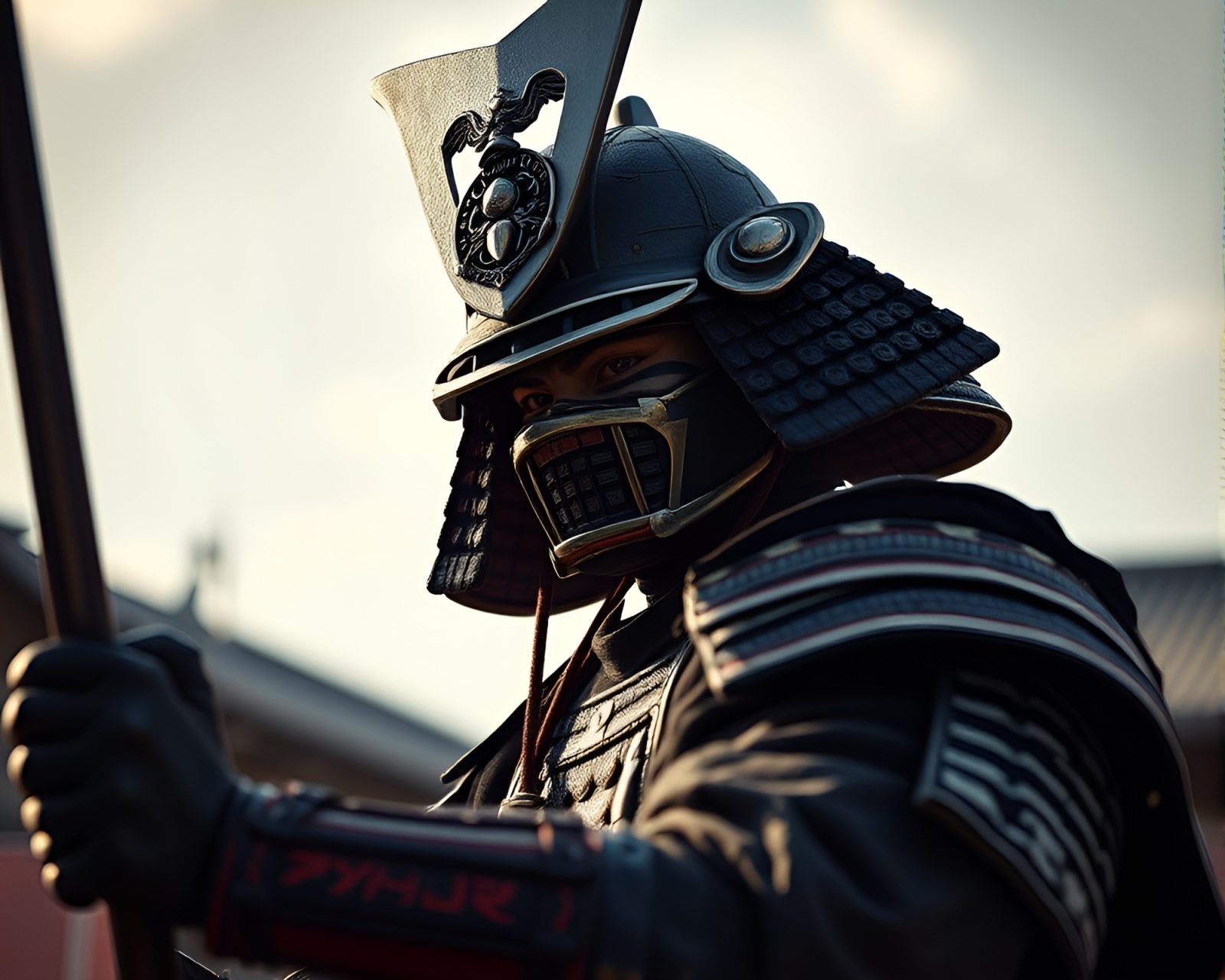 Hyper-realistic depiction of a fierce samurai in shadow