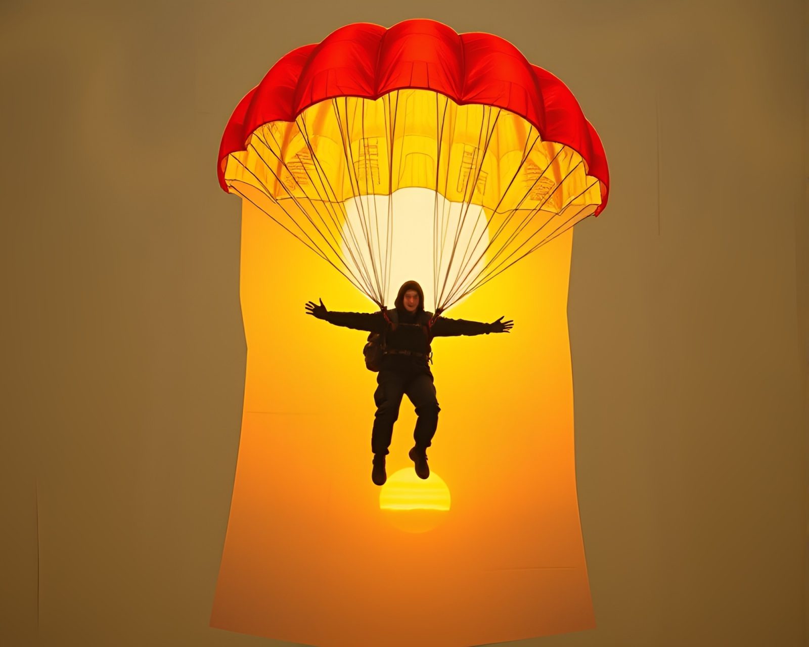Dynamic collage of cybernetic figure parachuting in early morning