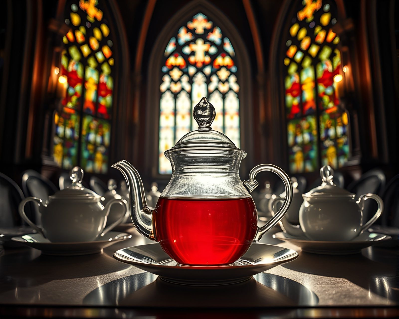 Extreme close-up of a select color tea set under cathedral light