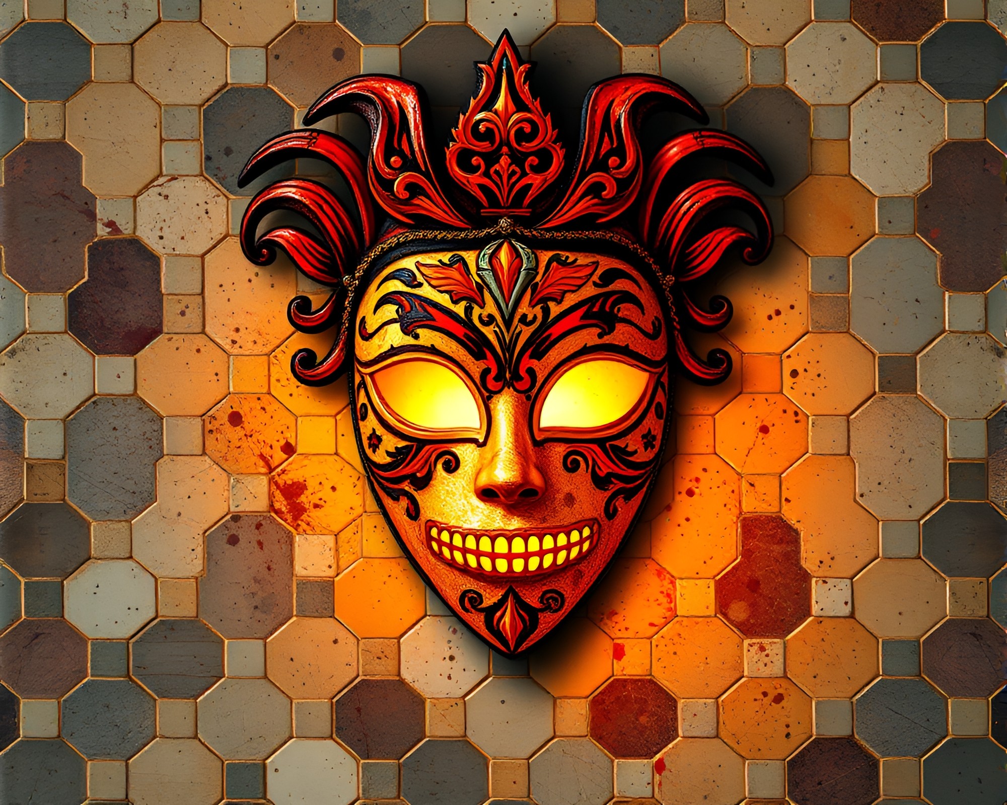 Hexagonal Venetian Mask Bonfire Splatter Art Composition – free AI stock image