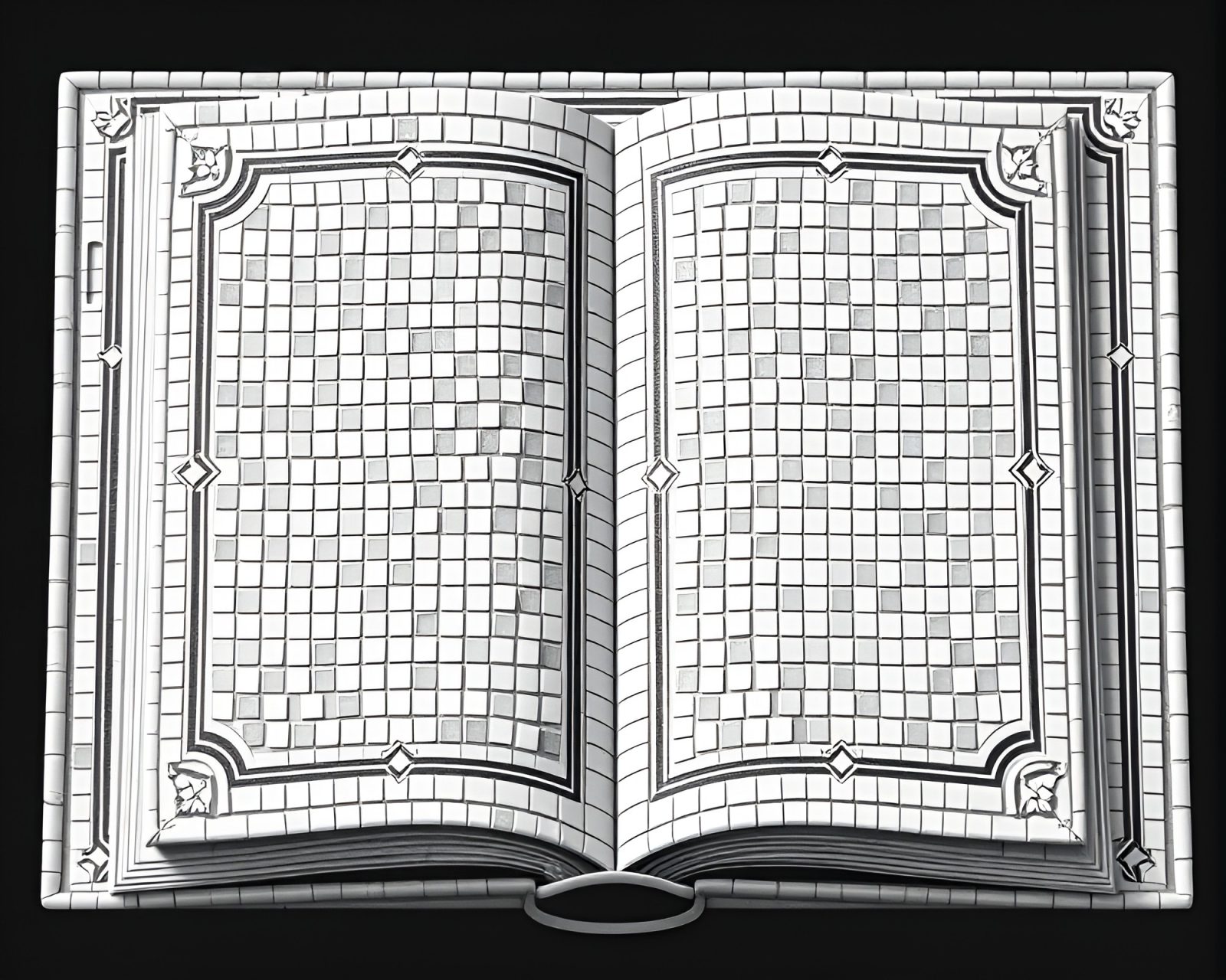 An intricate mosaic pattern of an enchanted book in ivory white light