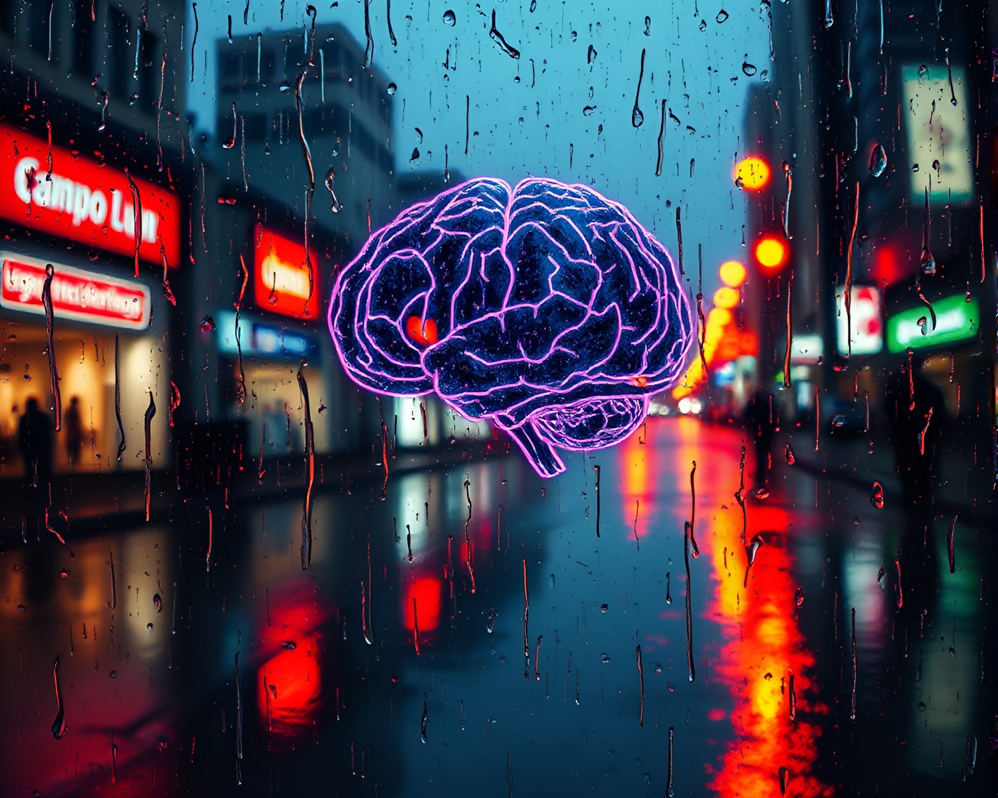 Cybernetic Rain: AI Reflections in Crosshatched Cityscape – free AI stock image