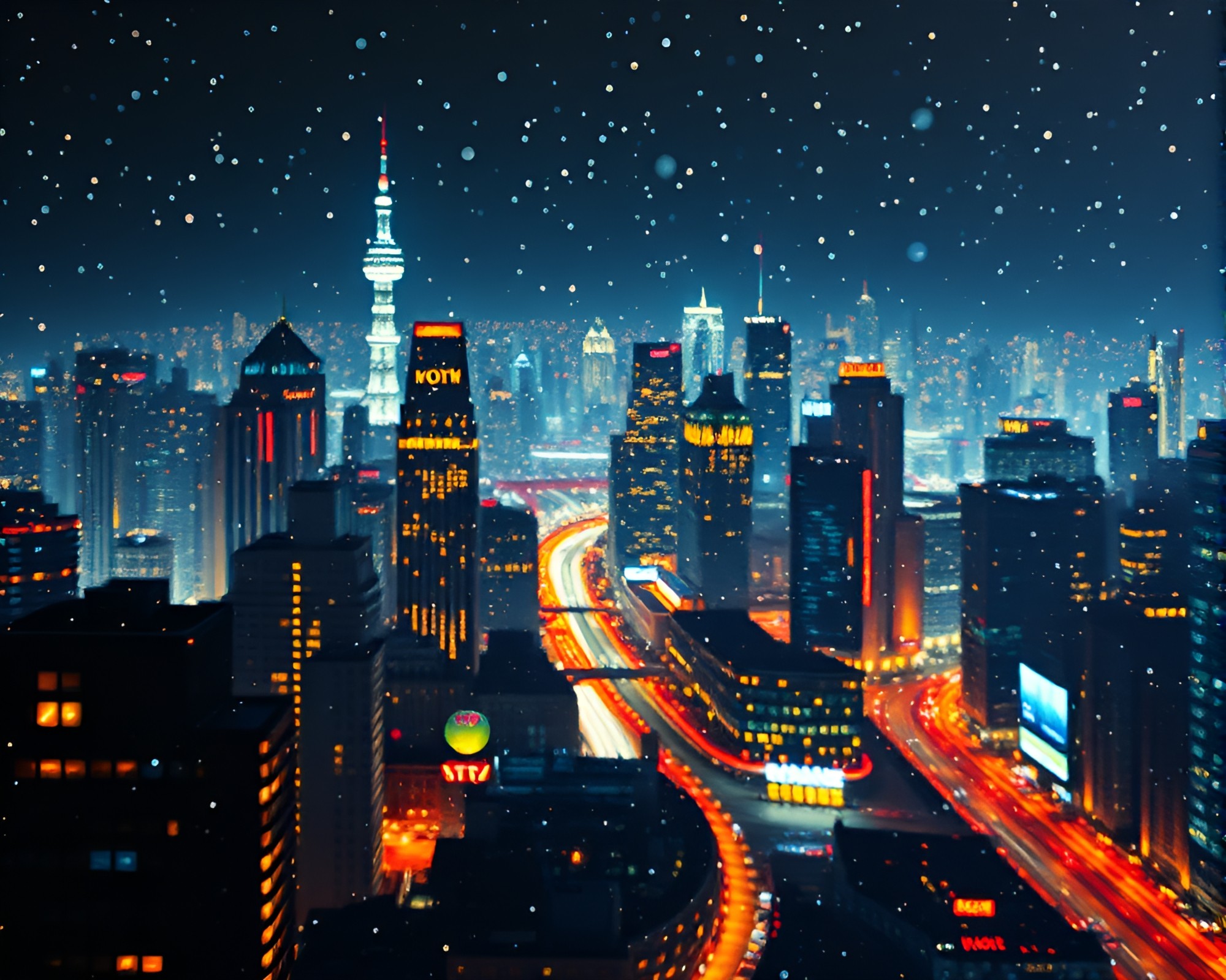 Futuristic Virtual Cityscape Glowing with Pointillist Dots – free AI stock image