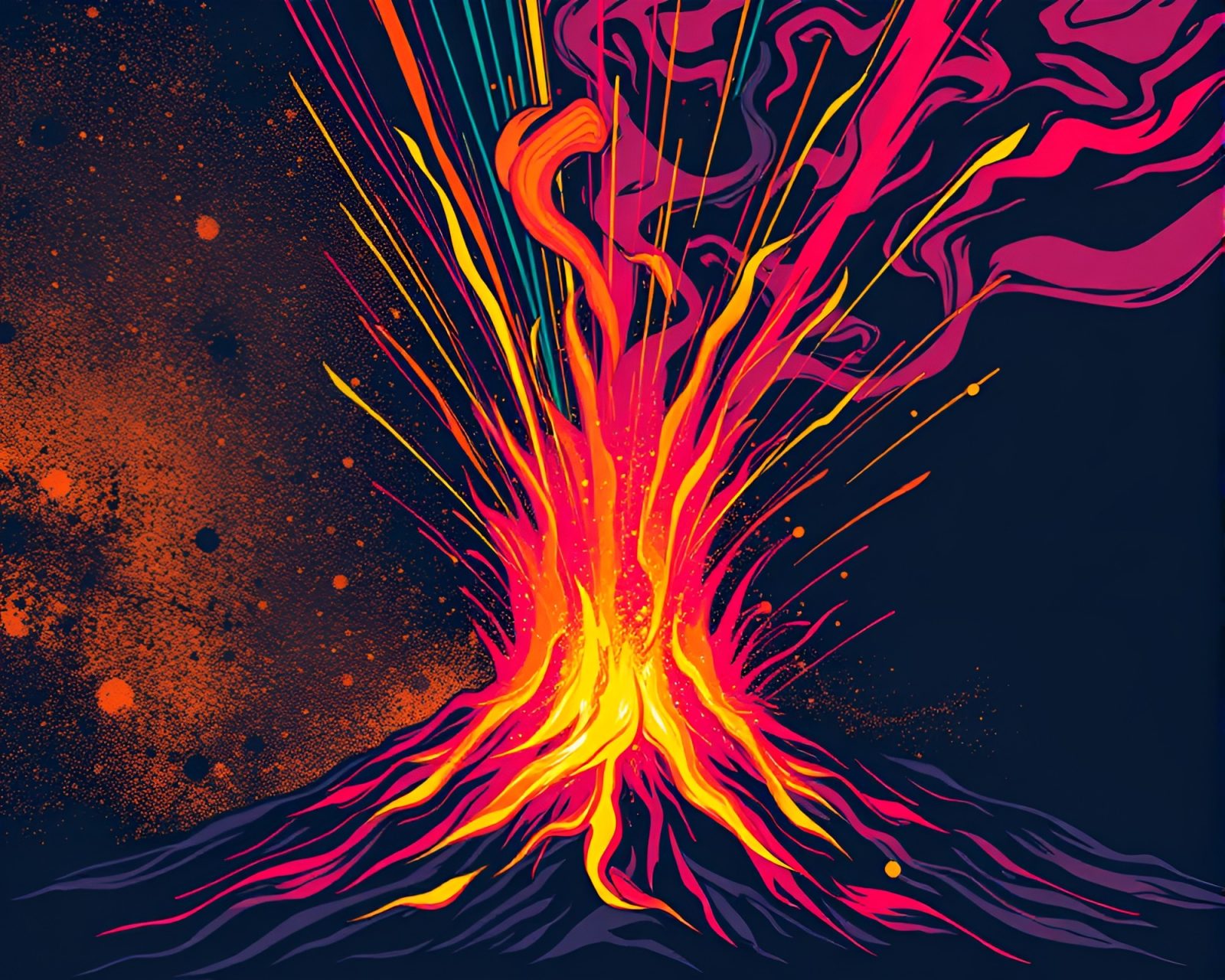Vibrantly colored volcano erupting with streaks of light