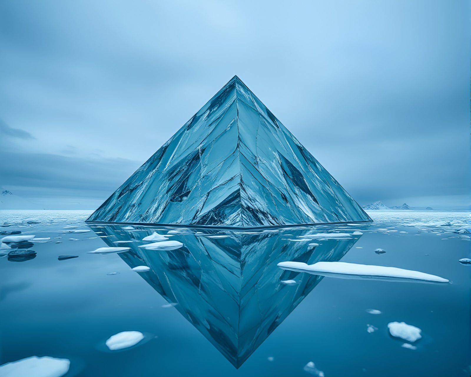 Shattered glass reflecting frozen pyramid in snowy landscape