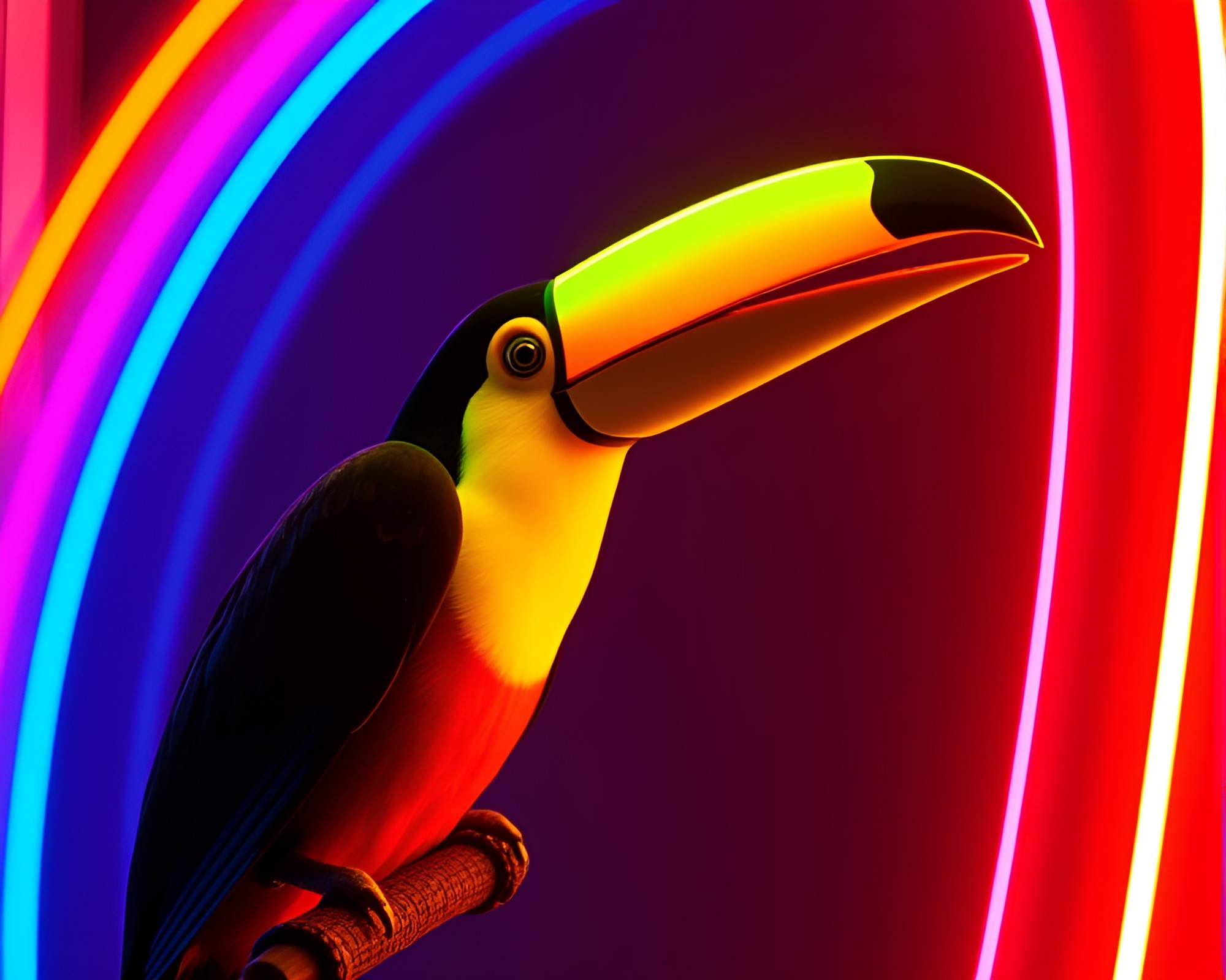 Neon Utopian Toucan: Dynamic Angle Composition – free AI stock image