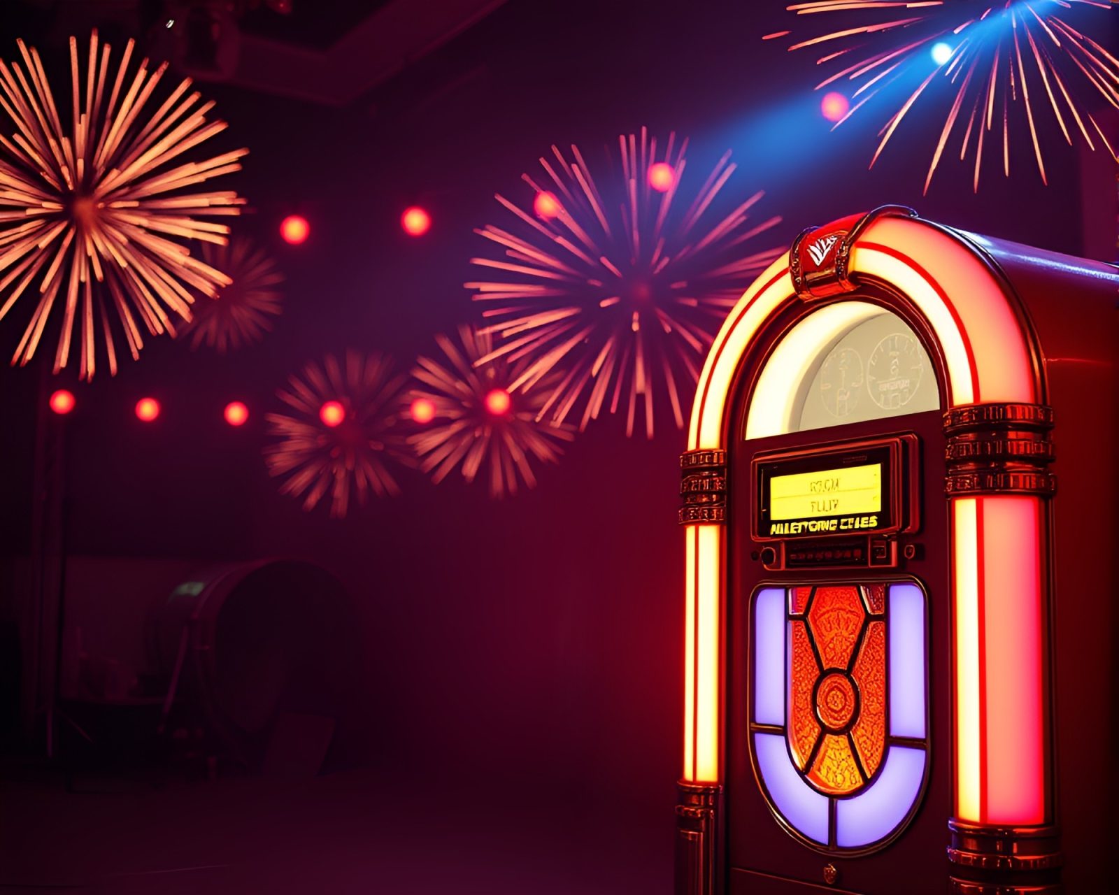 Colorful retro jukebox glowing in festive fireworks display
