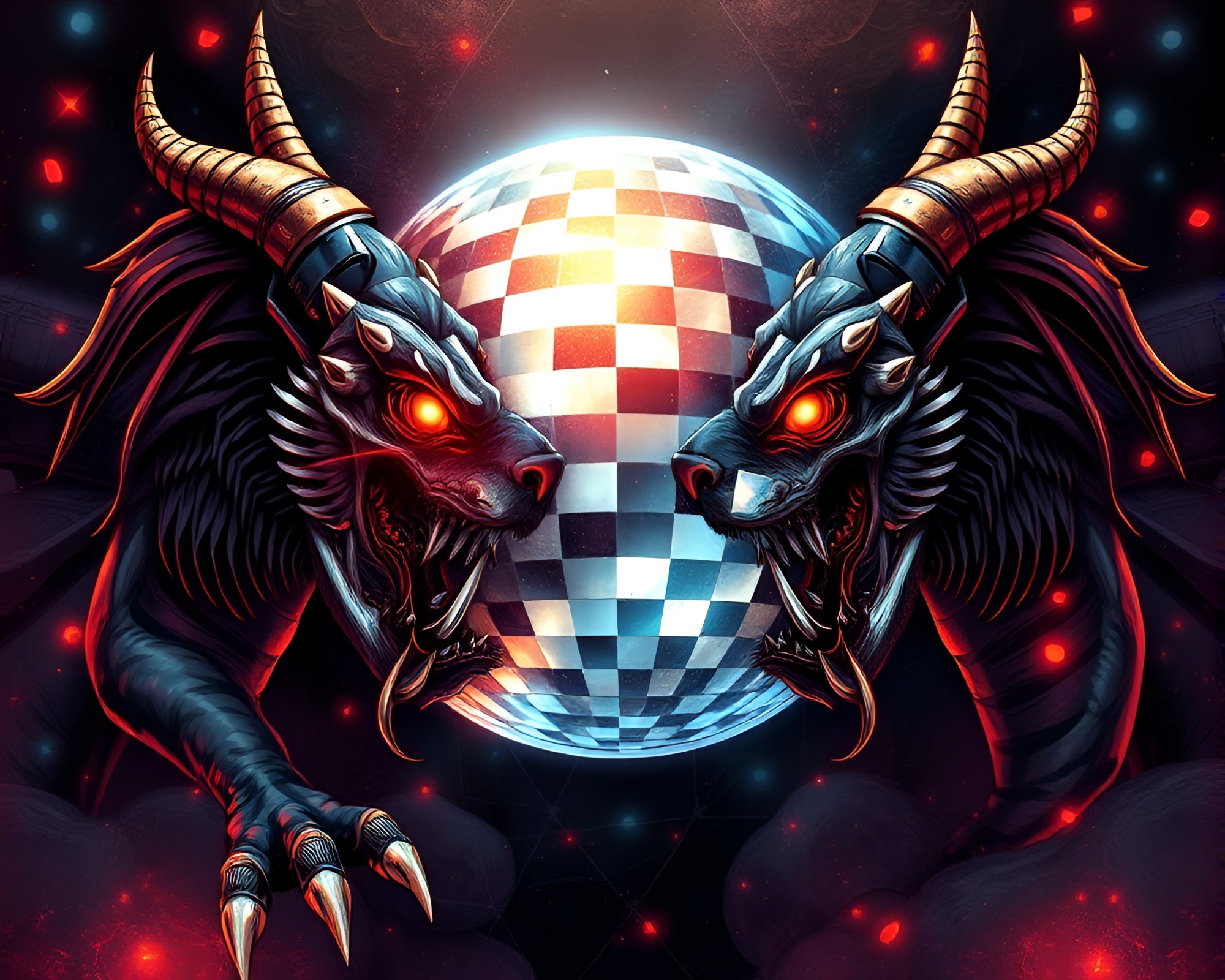 Steampunk Cerberus in Double Reflection Disco Ball Scene – free AI stock image
