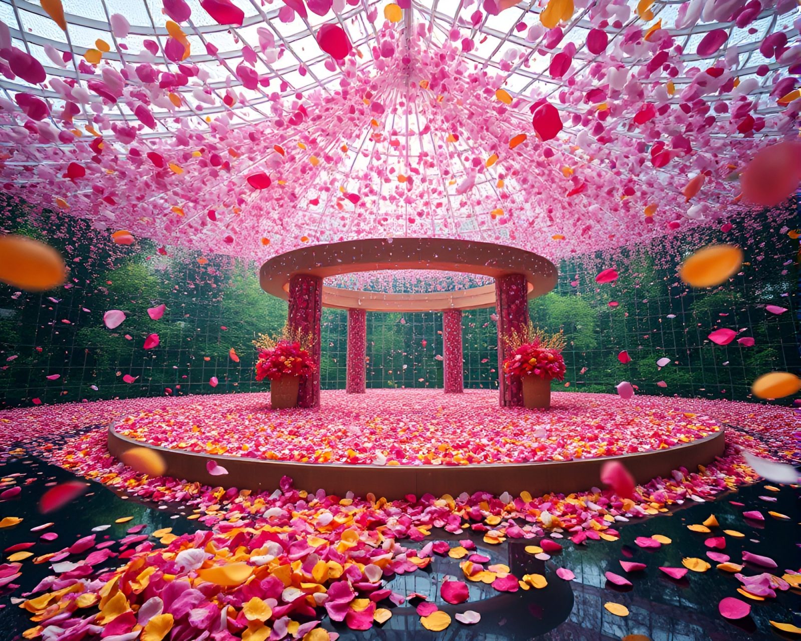 Glowing cybernetic structure surrounded by colorful floating petals