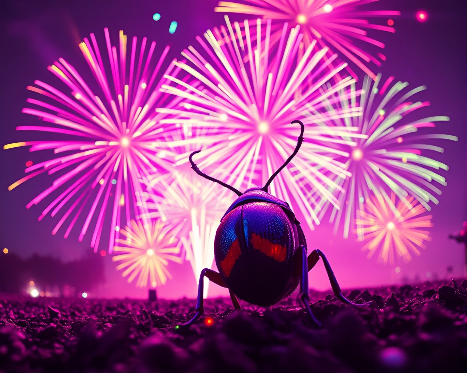 Fantastical scene of a beetle under pastel fireworks