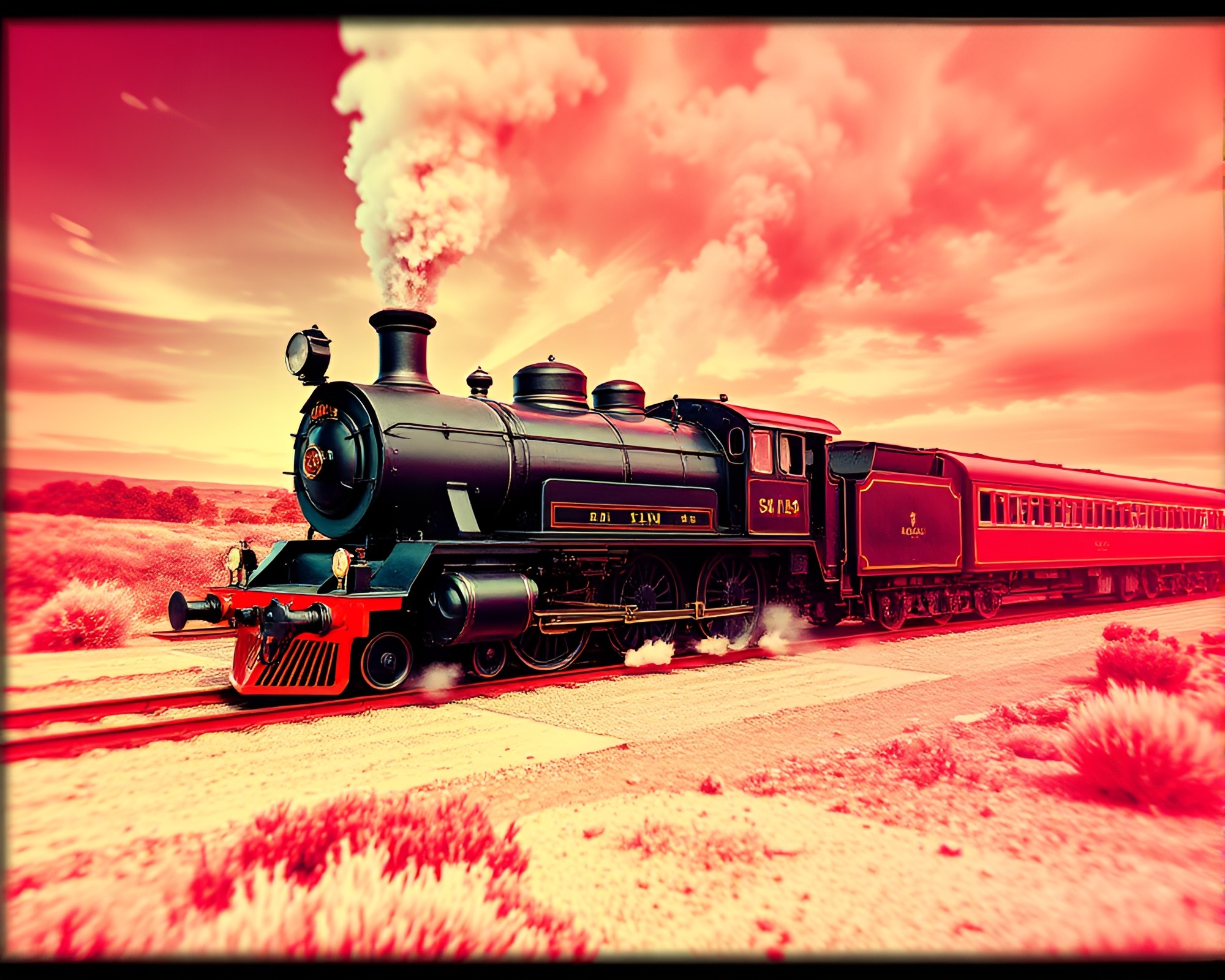 Surreal Steam Locomotive Stereograph with Vignette Border – free AI stock image