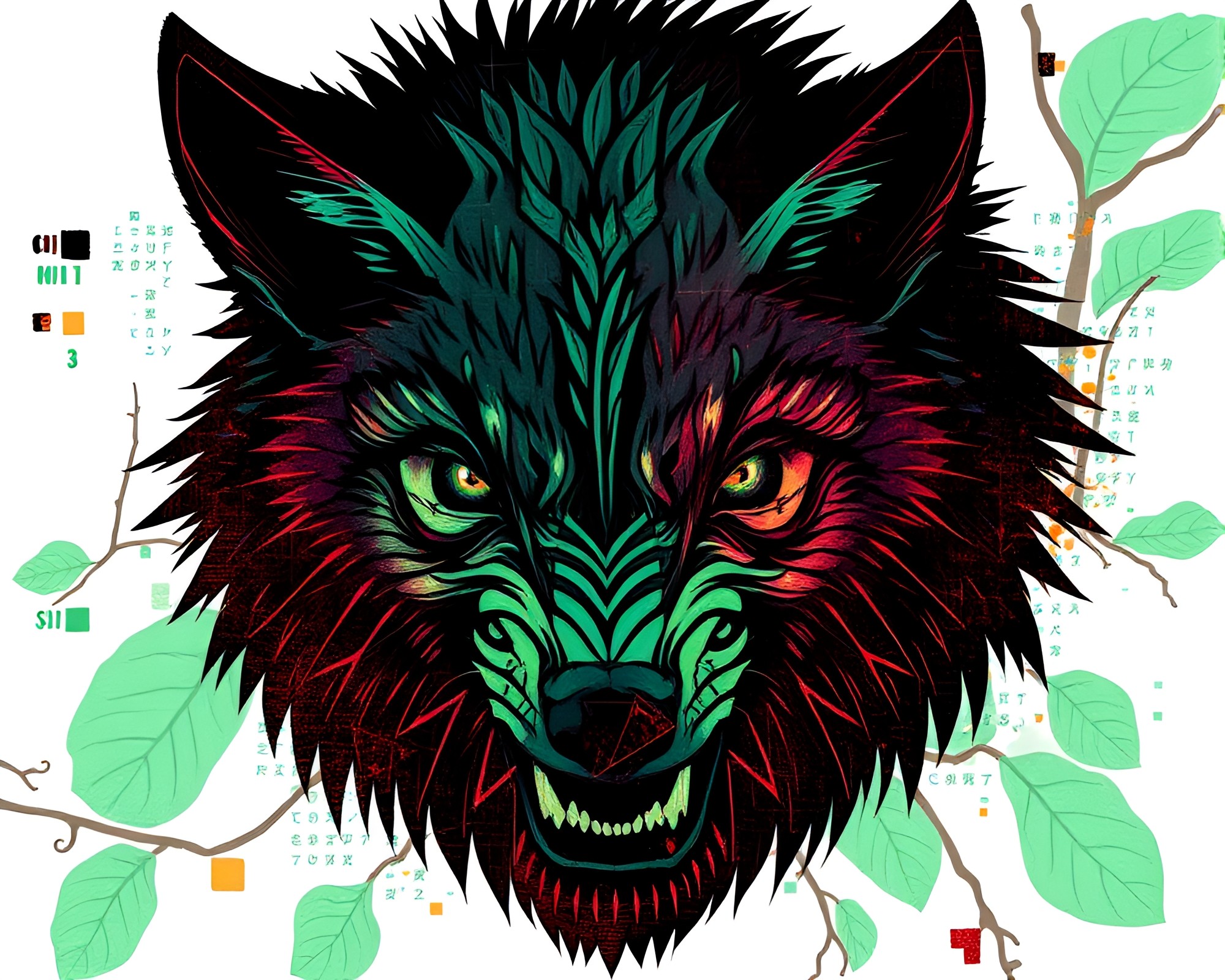 Werewolf with Glitch Colors in Leaf Vein Pattern Forest – free AI stock image