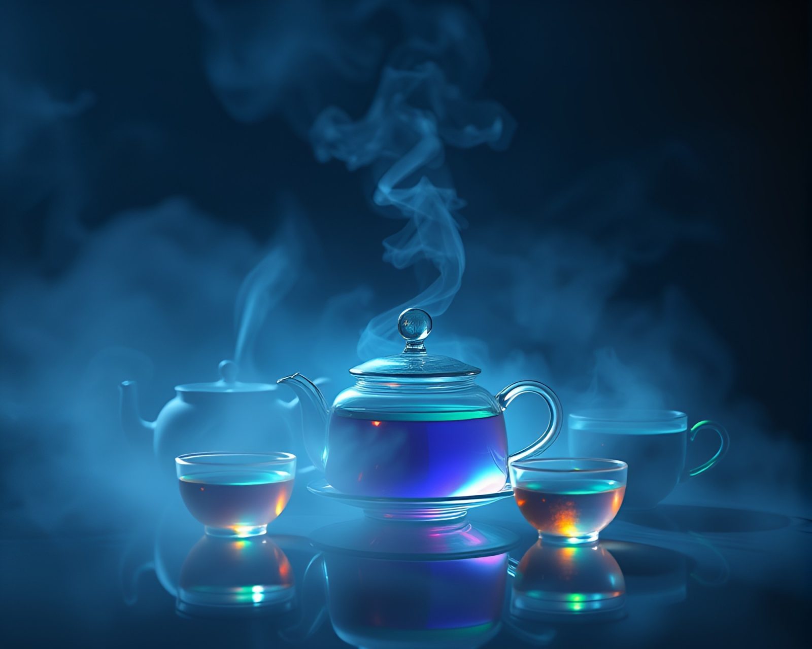 Glistening holographic tea set in ethereal foggy surroundings