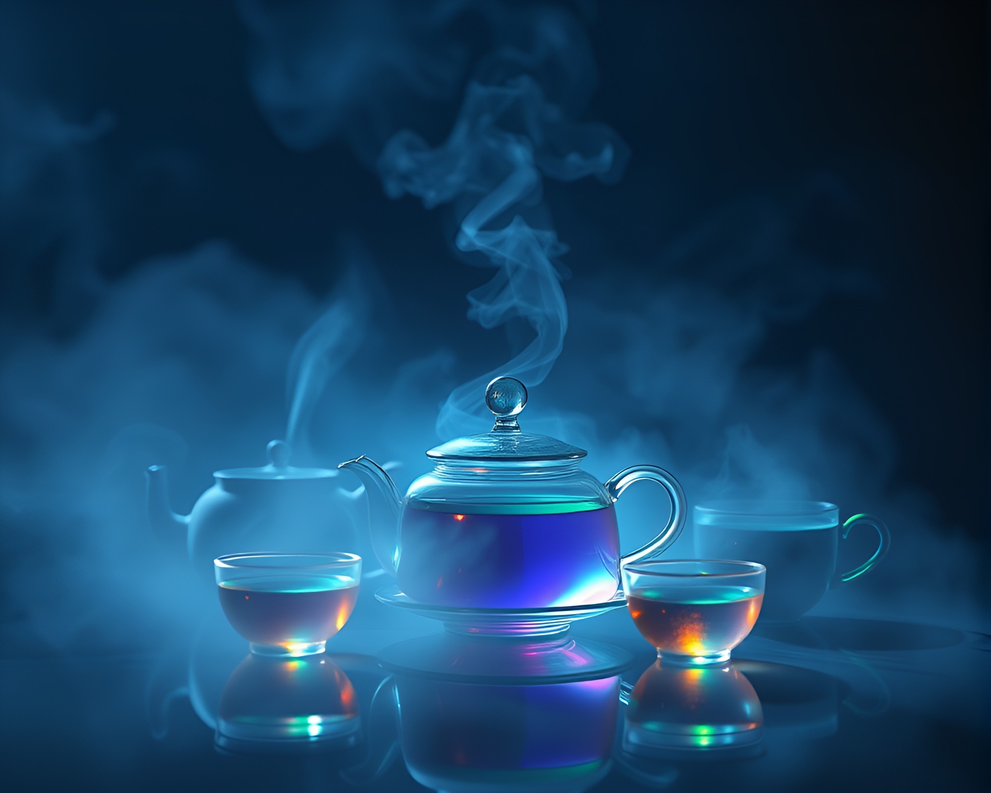 Holographic Tea Set Amidst Dreamy Fog Banks – free AI stock image