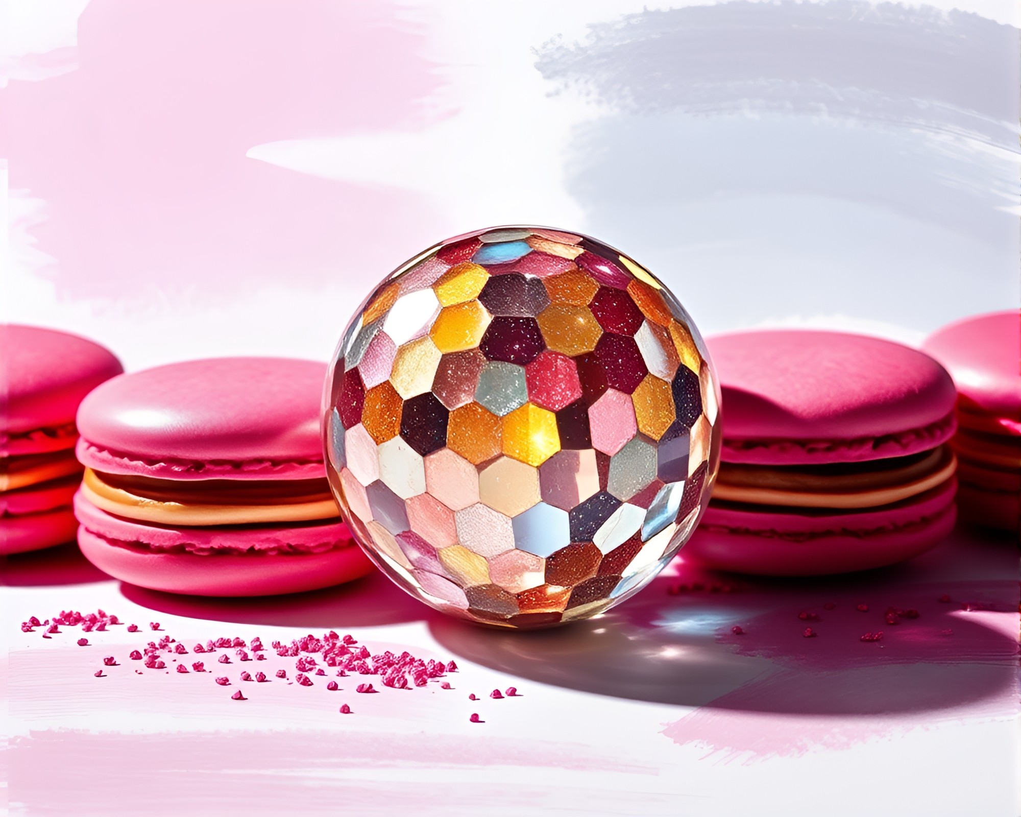 Glimmering Disco Ball Lights Highlight Macaron Assortment – free AI stock image