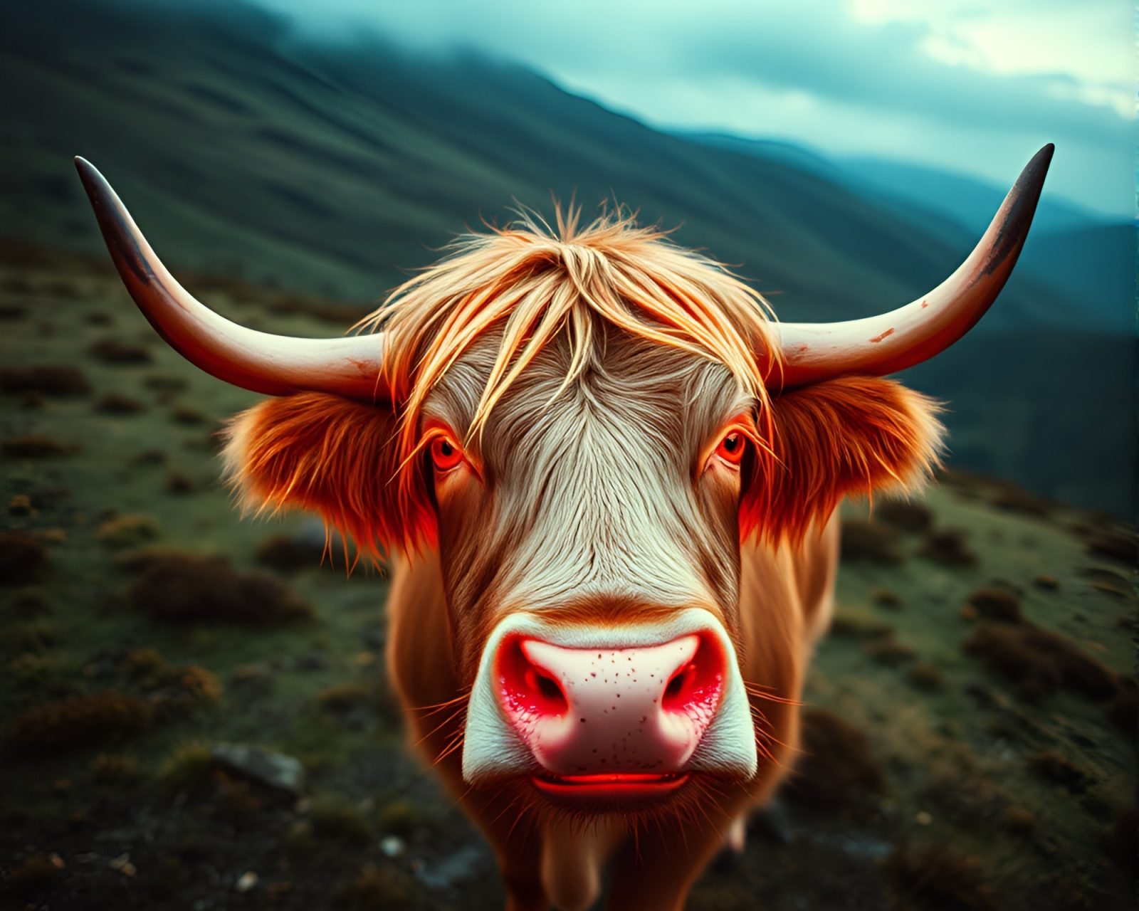 Aerial view of Highland cow in neon sign light