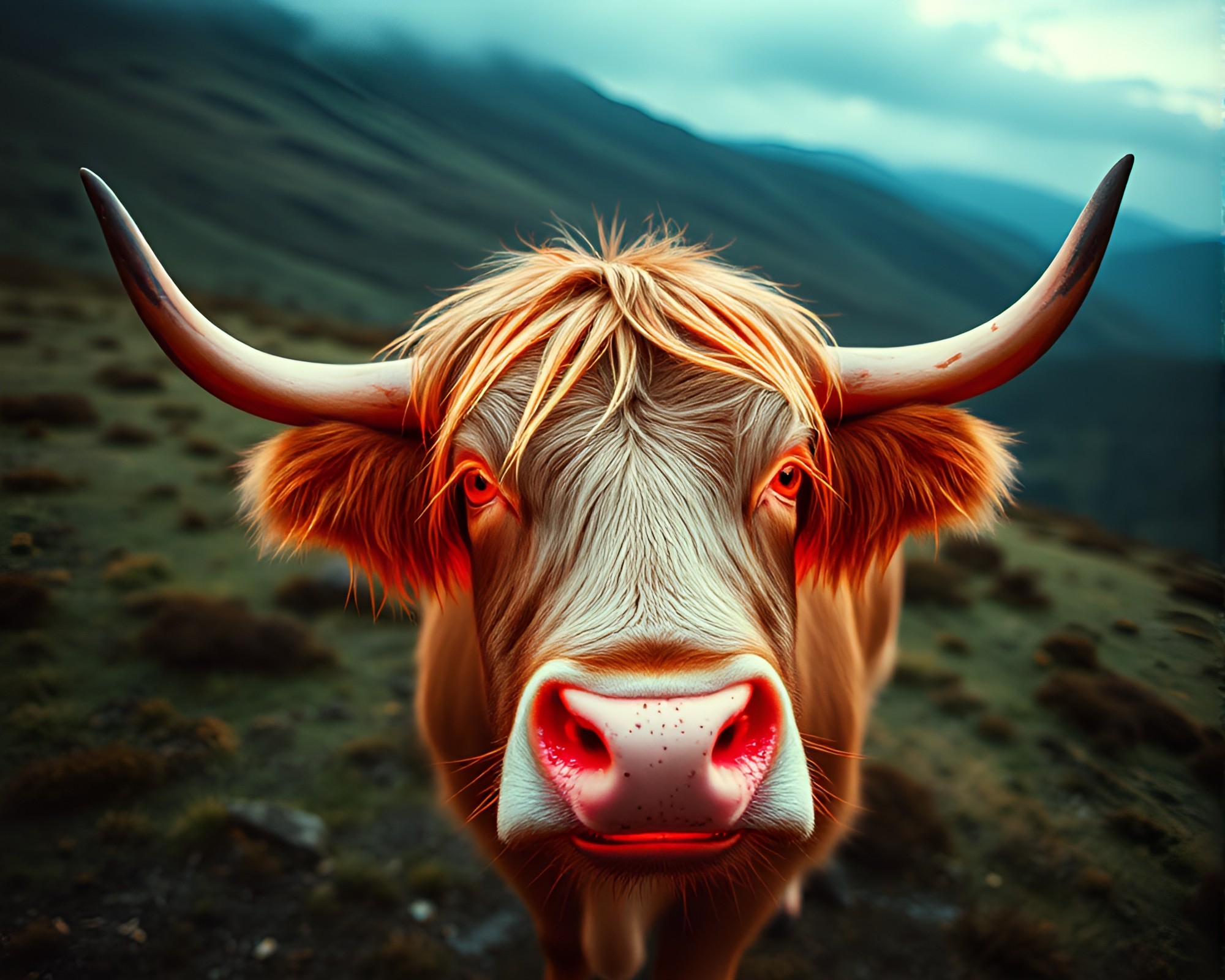 Highland Cow in Neon Glow from Above – free AI stock image