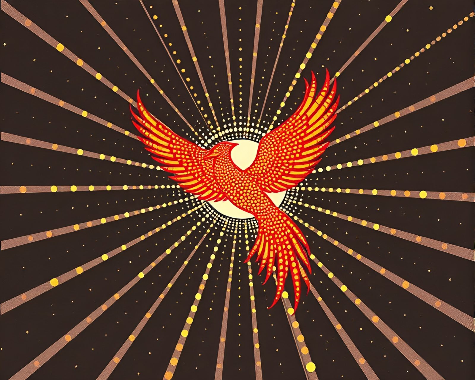 Colorful cubist-style phoenix surrounded by sunbeam dots