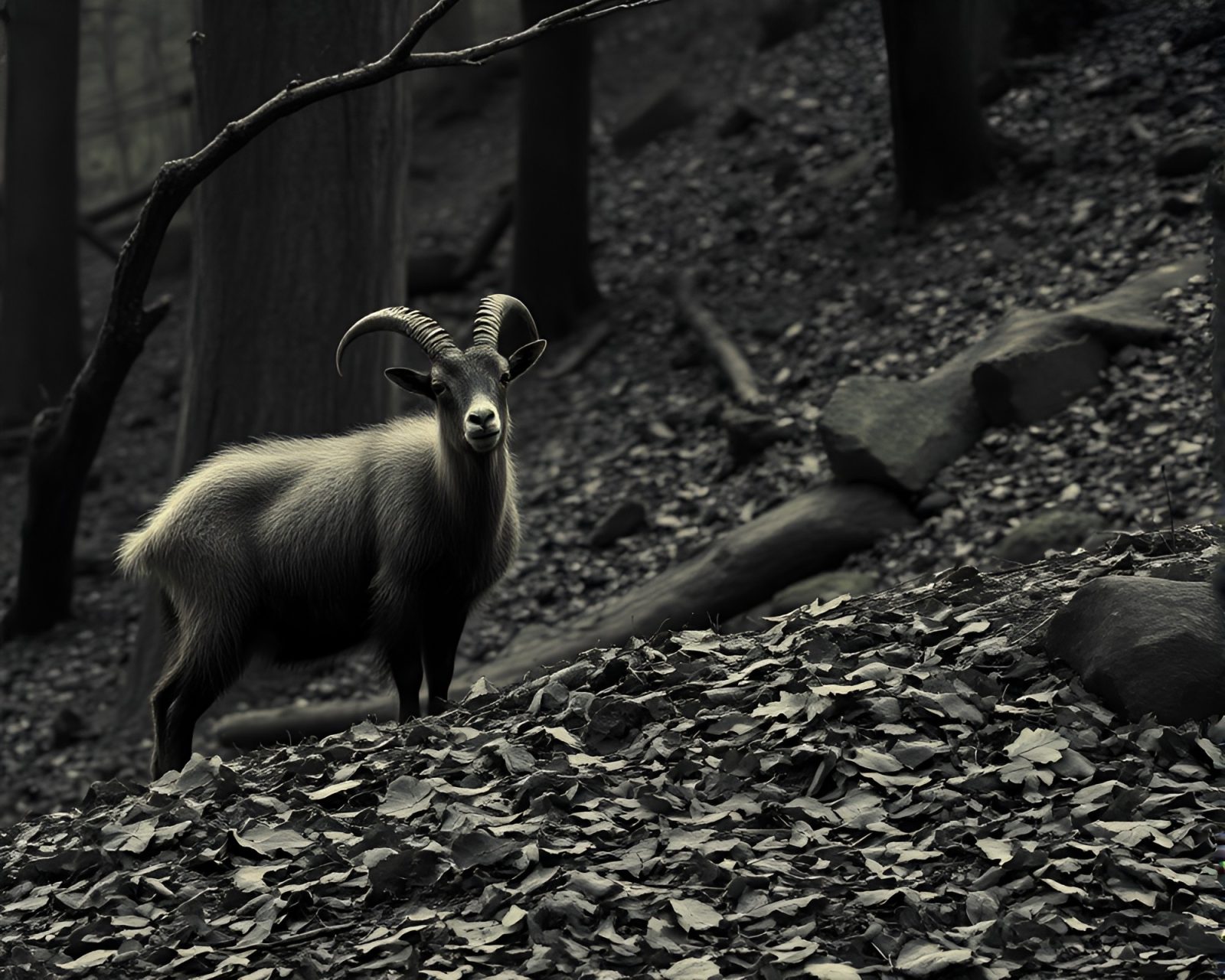Sepia-toned scene with a mountain goat in leaf litter