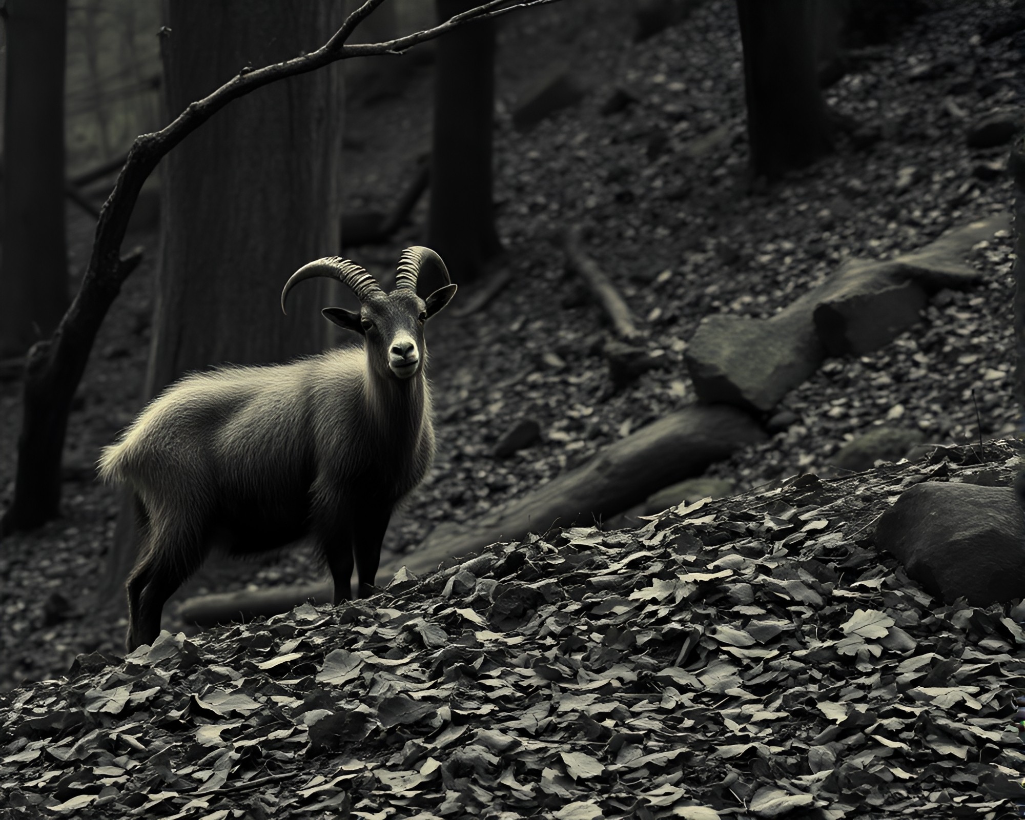 Mountain Goat Amidst Indigo Mystery Leaf Litter Landscape – free AI stock image