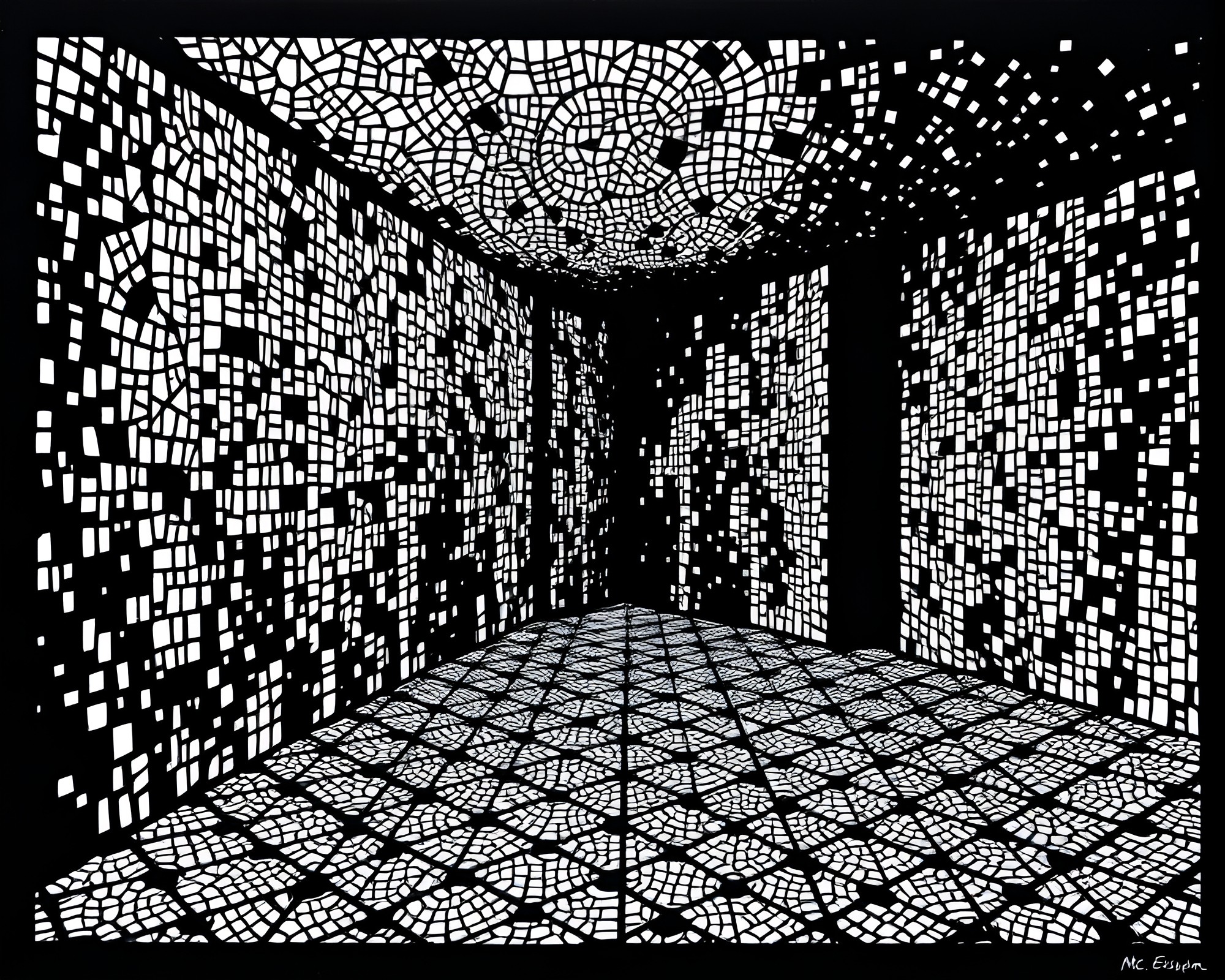 Escher-Inspired Linocut Mosaic with Grid Overlay – free AI stock image