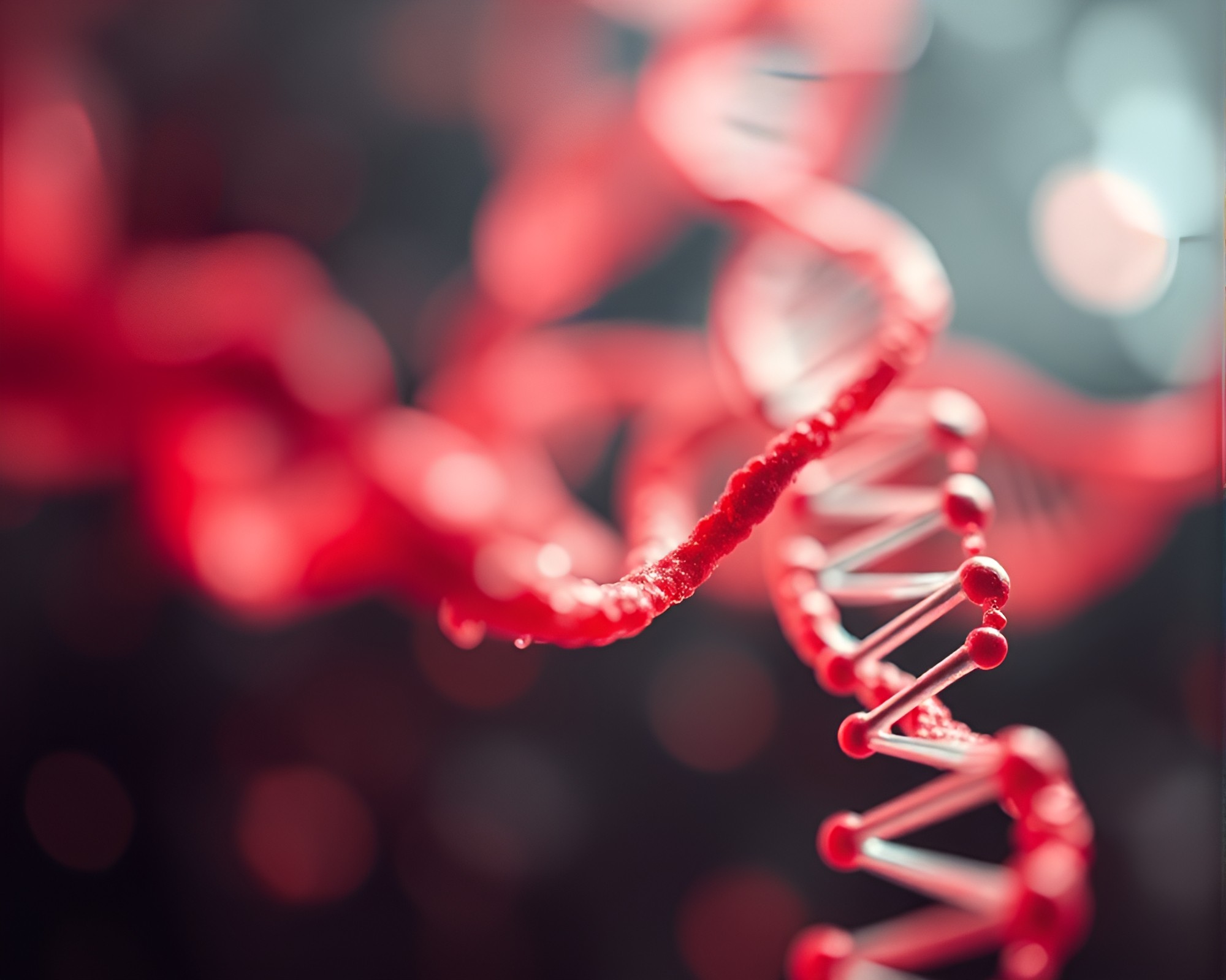 Dynamic DNA Helix in Monochrome Red Bokeh Forest – free AI stock image