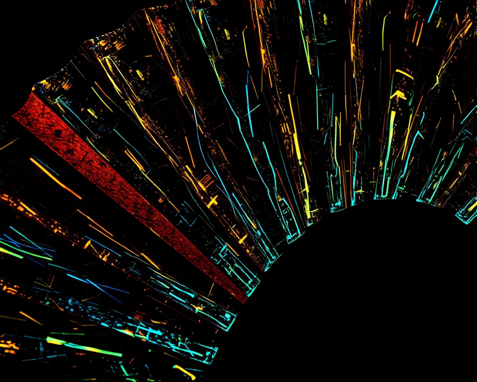 Fluorescent light illuminates metallic scratches on a hand-painted fan
