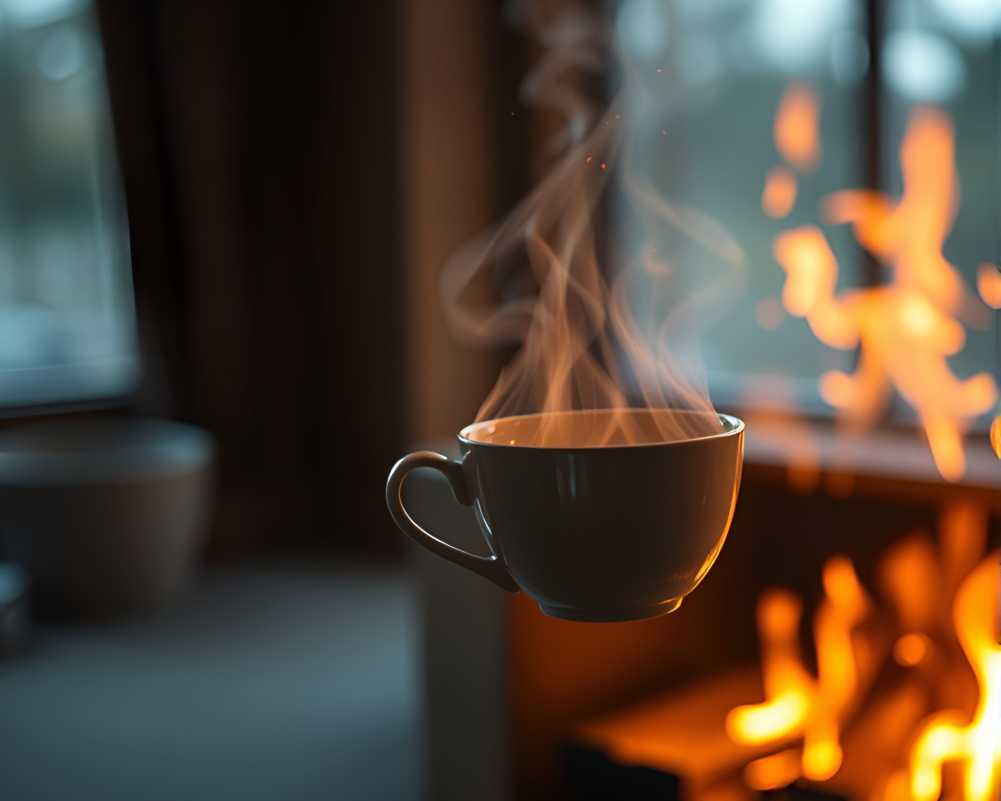 Floating Tea Cup by Fireplace in Candid Moment – free AI stock image