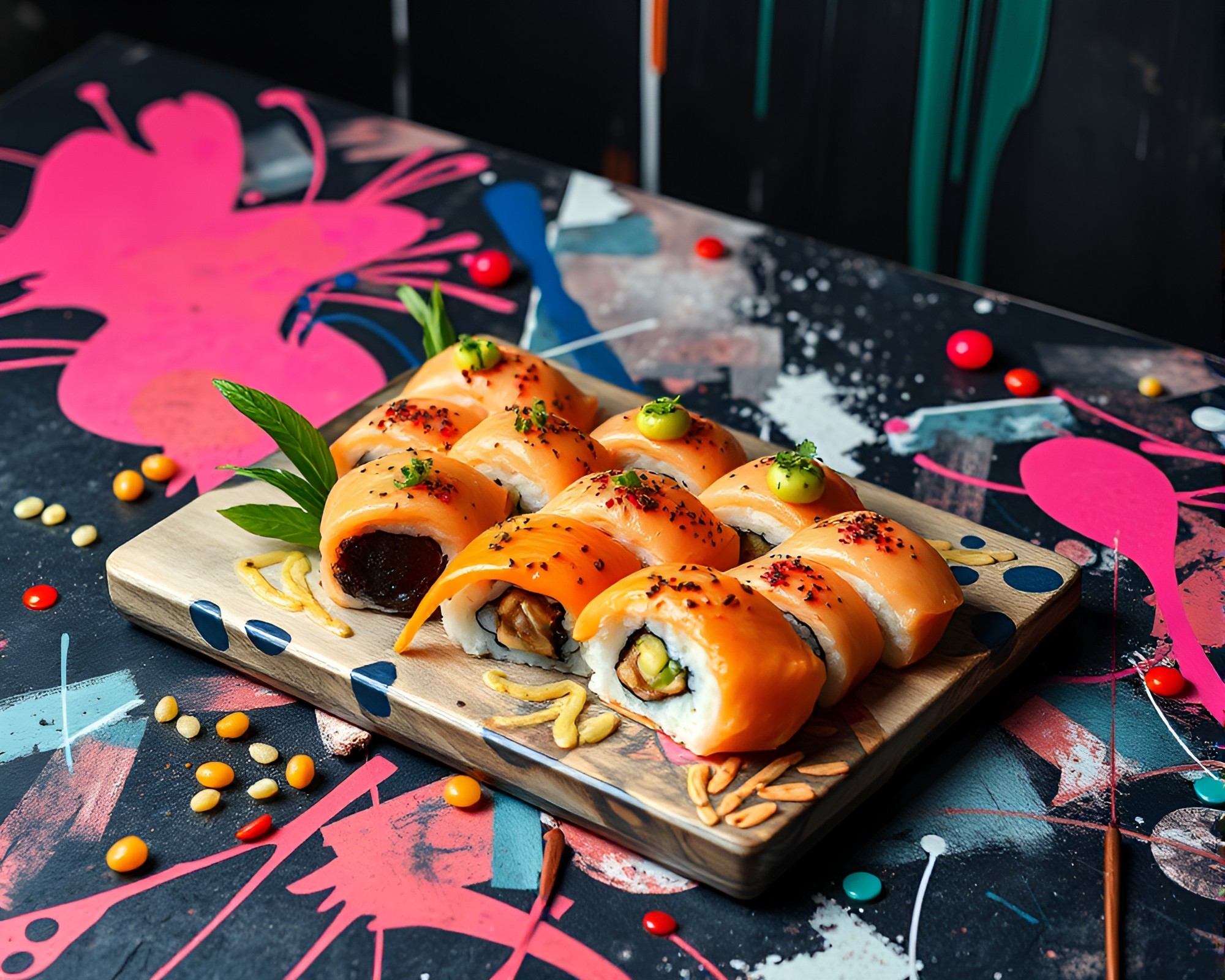 Dynamic Angle: Sushi Platter in Tenebrism Pastel Graffiti – free AI stock image