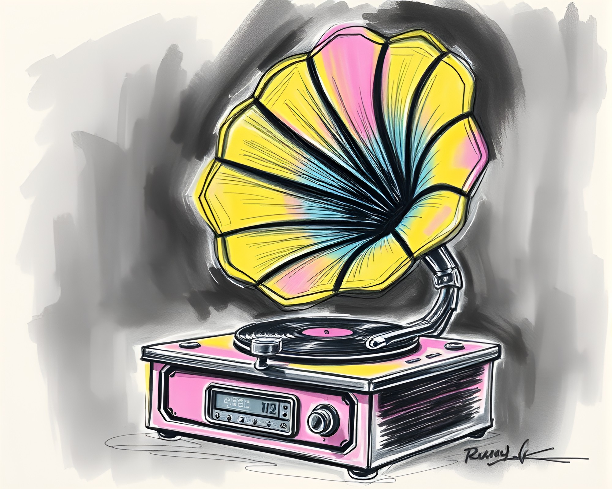 Steampunk Gramophone Glow: Pastel Neon Scan Lines Sketch – free AI stock image