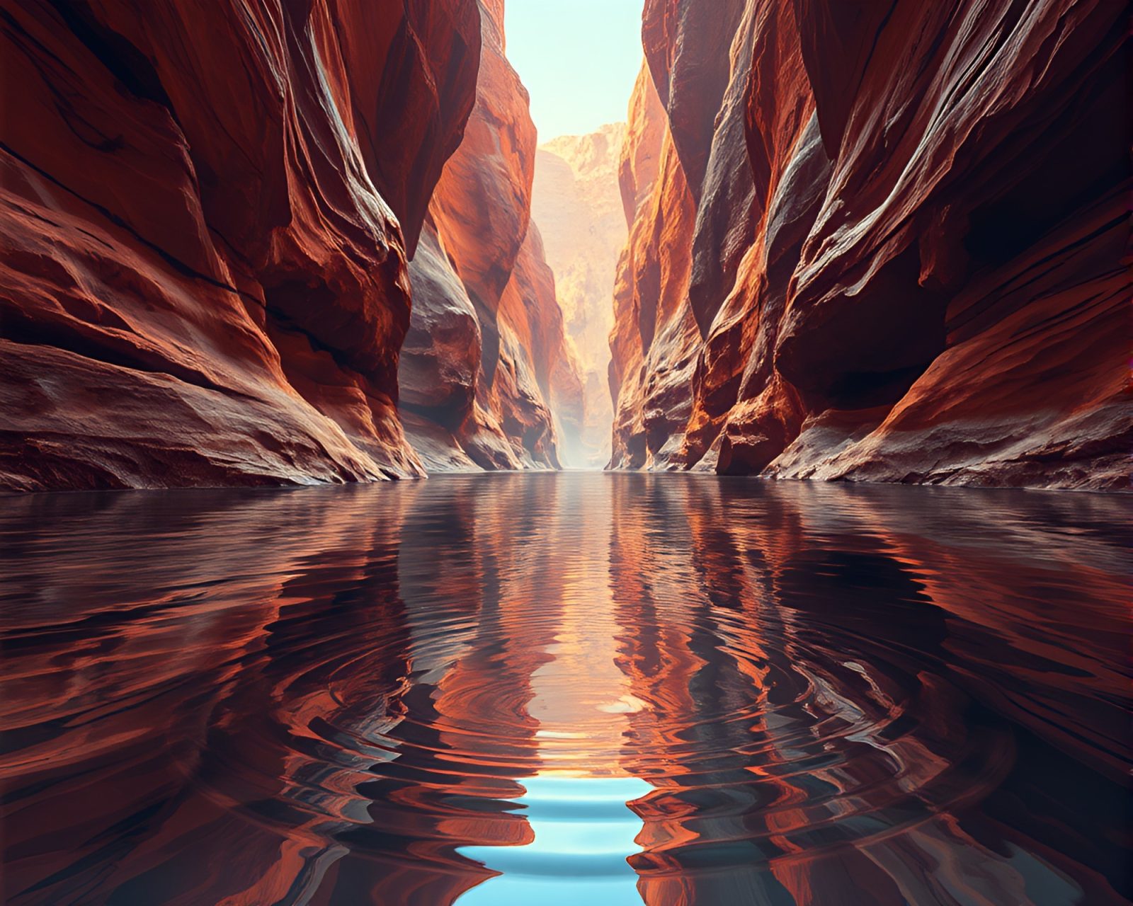 Cel-shaded illustration of cybernetic eye reflecting water ripples in canyon.