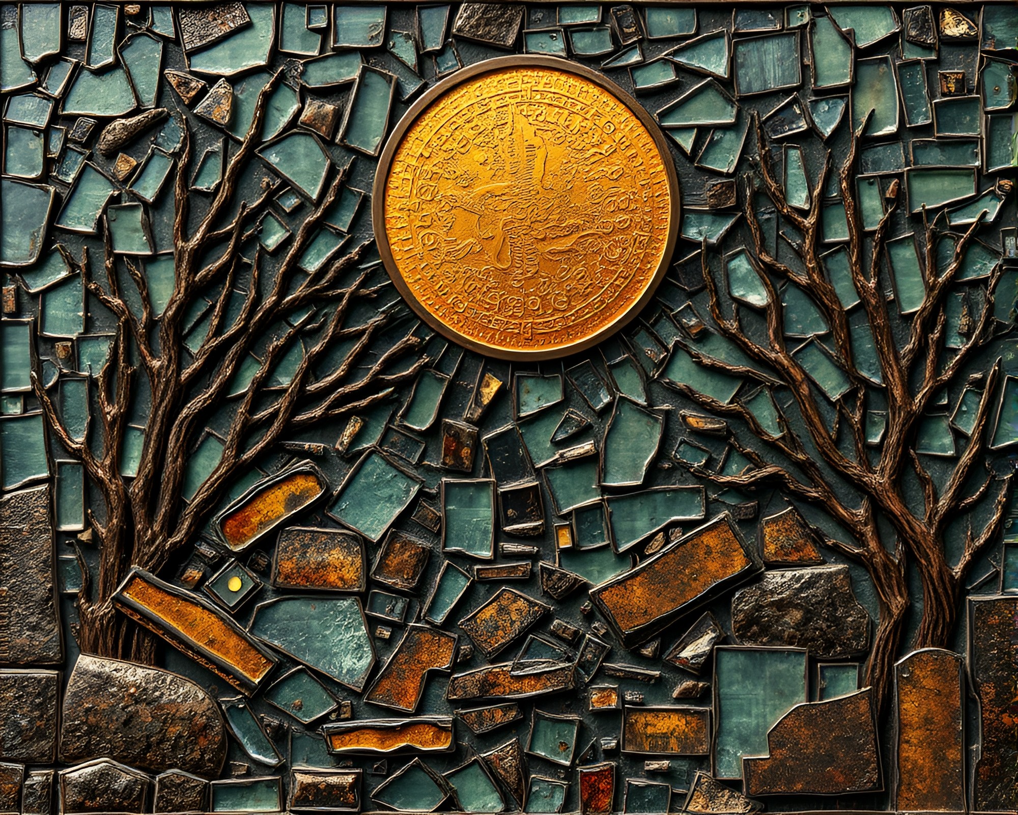 Zen Garden Glass Shard Artwork Illuminated by Bronze Light – free AI stock image