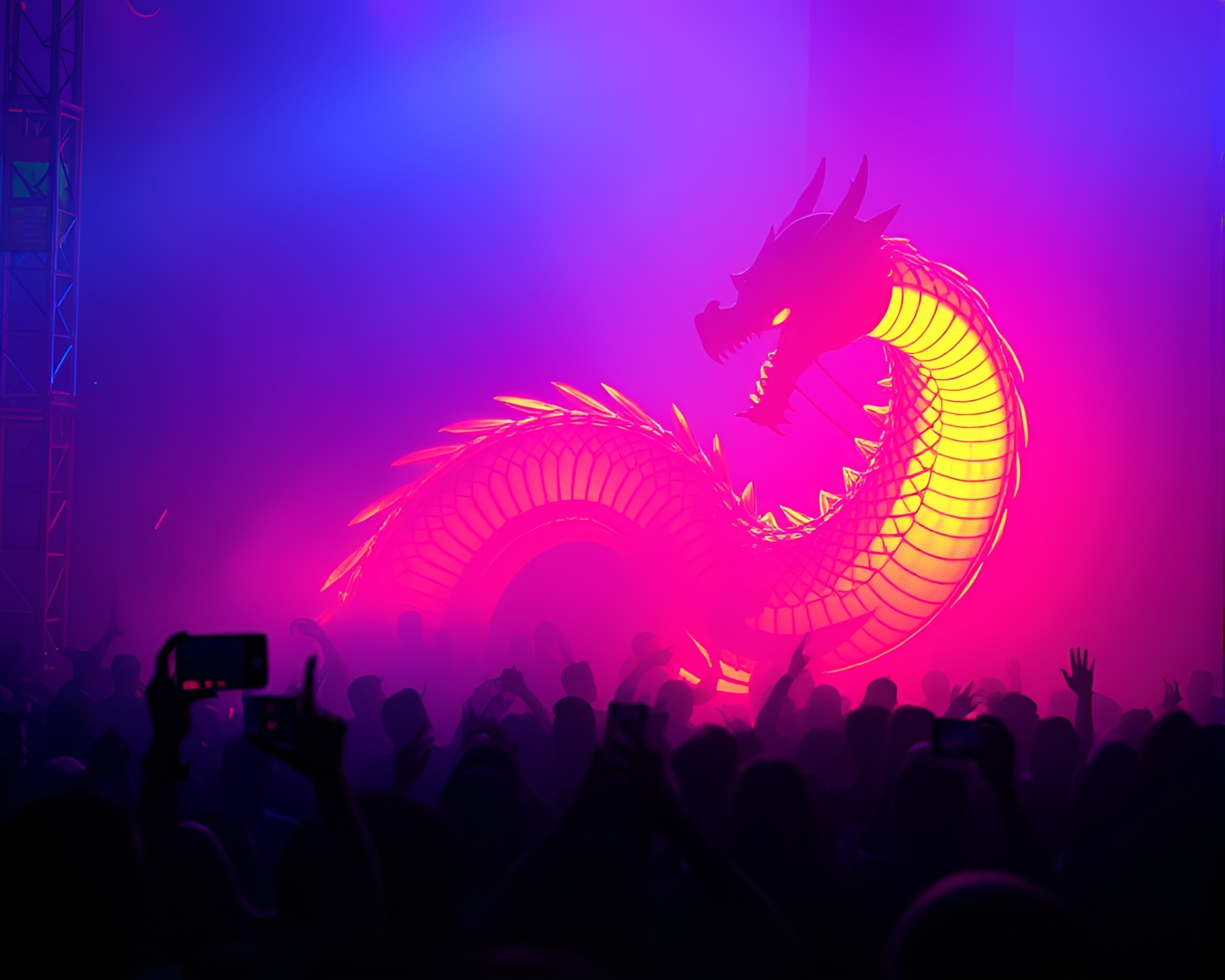 Neon Dragon Crowd Silhouette Fantasy Scene – free AI stock image