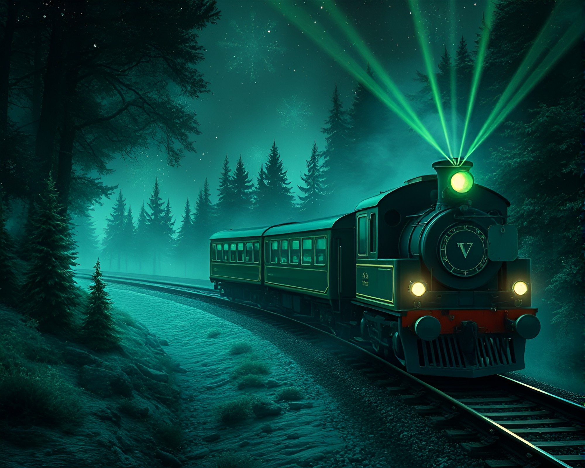 Train Passing Through Enchanted Laser Forest – free AI stock image