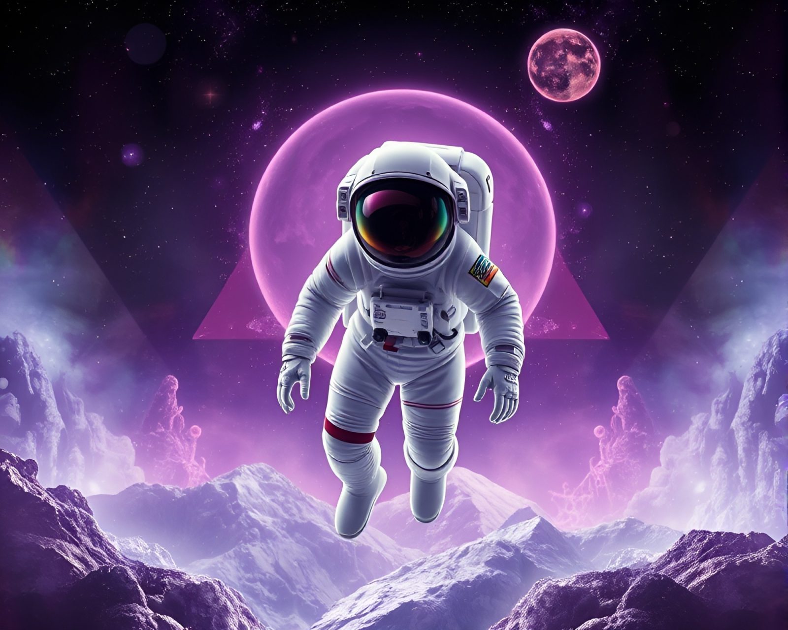 Astronaut immersed in layered fractal amethyst tones, utopian style