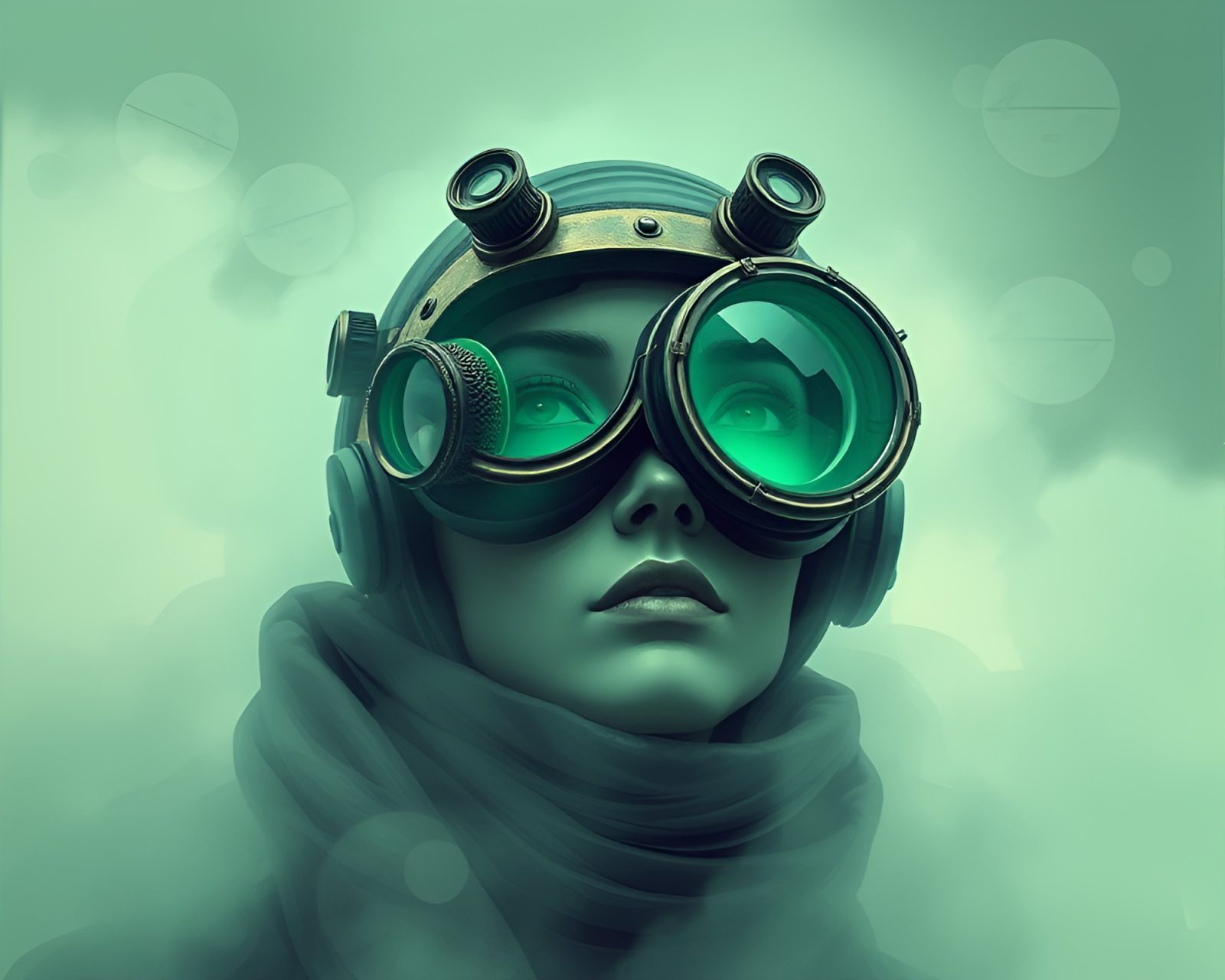 Cyberpunk illustration of surreal fog with mint green goggles