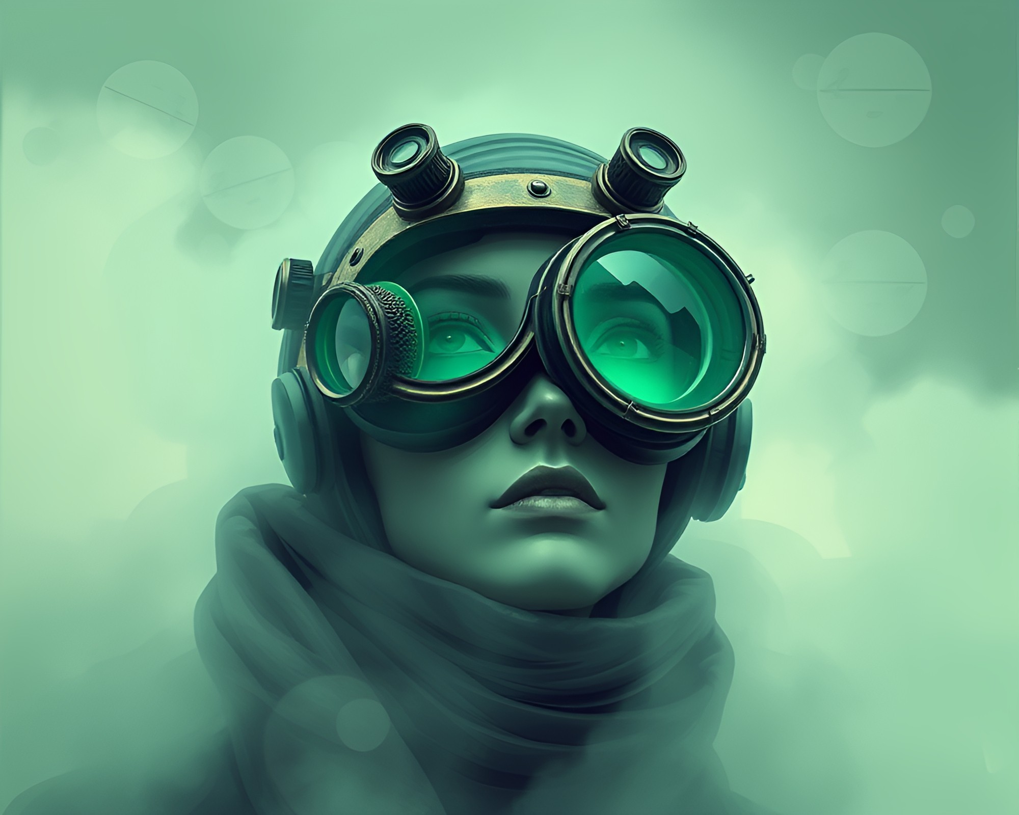 Mint Green Steampunk Goggles in Cyberpunk Fog – free AI stock image