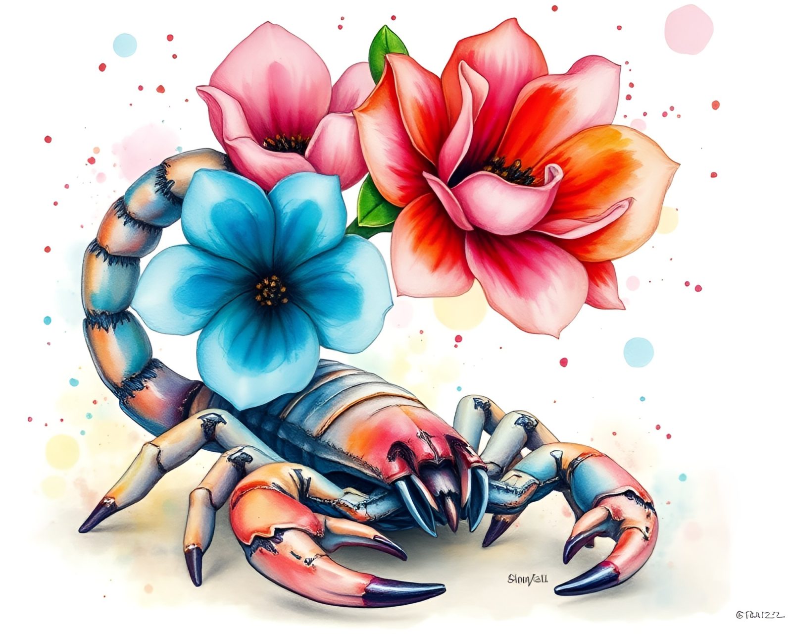 Colorful scorpion in conté crayon style amidst floral watercolors