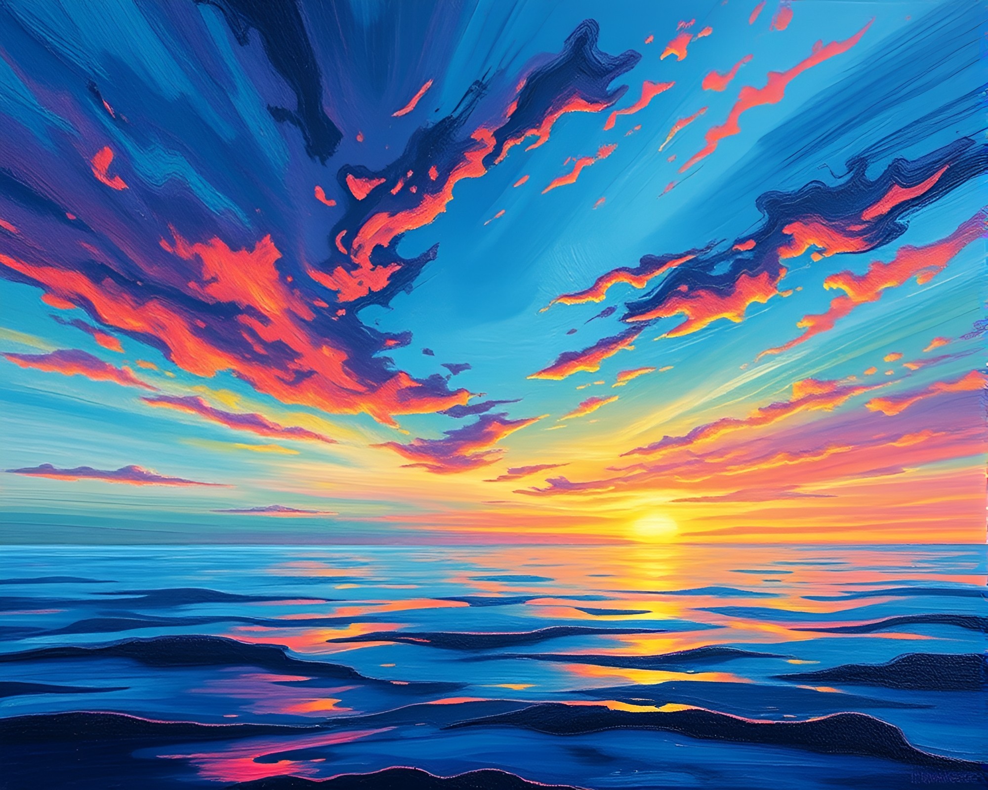 Submarine navigating through oil slick rainbow at sunrise – free AI stock image
