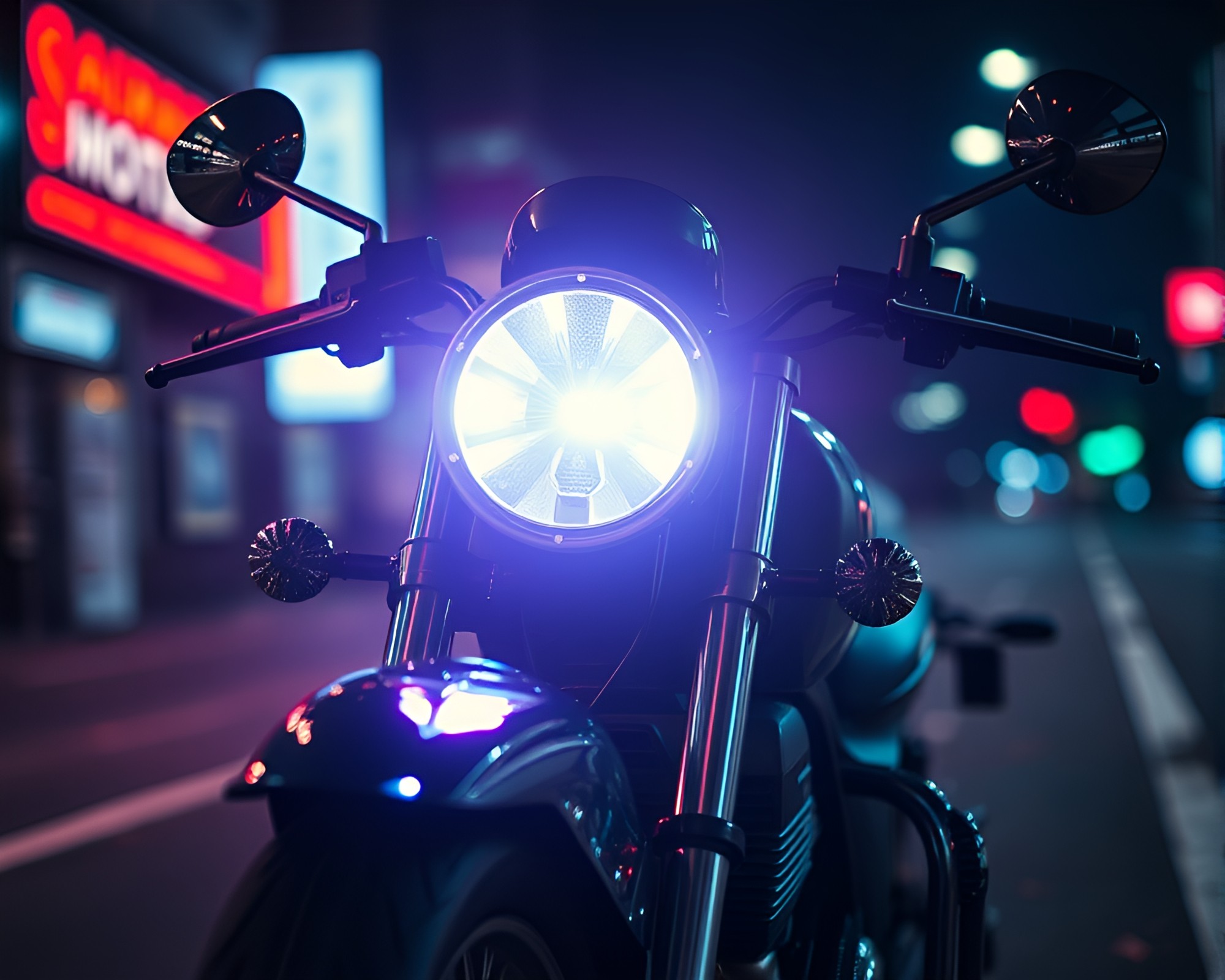 Neon Motorcycle Zooms Through Digital Noise Spotlight – free AI stock image