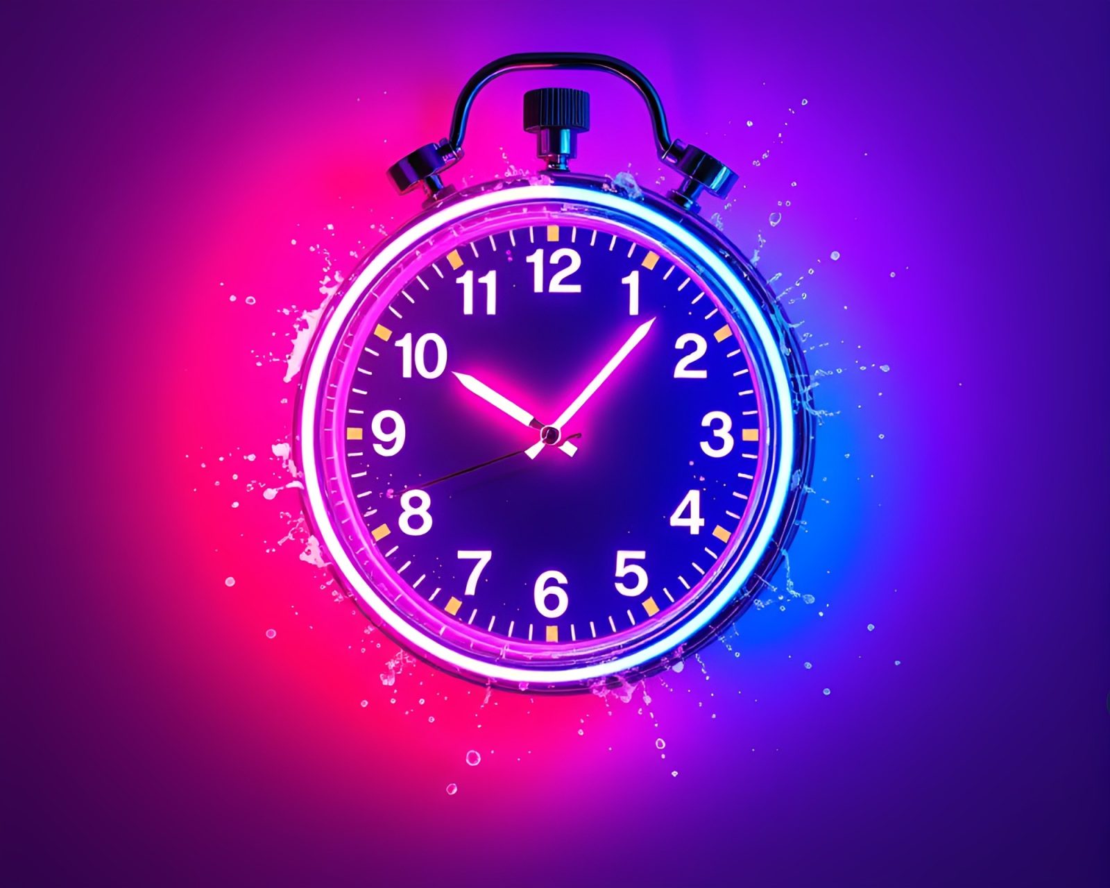 Vibrant neon clock against twilight sky background