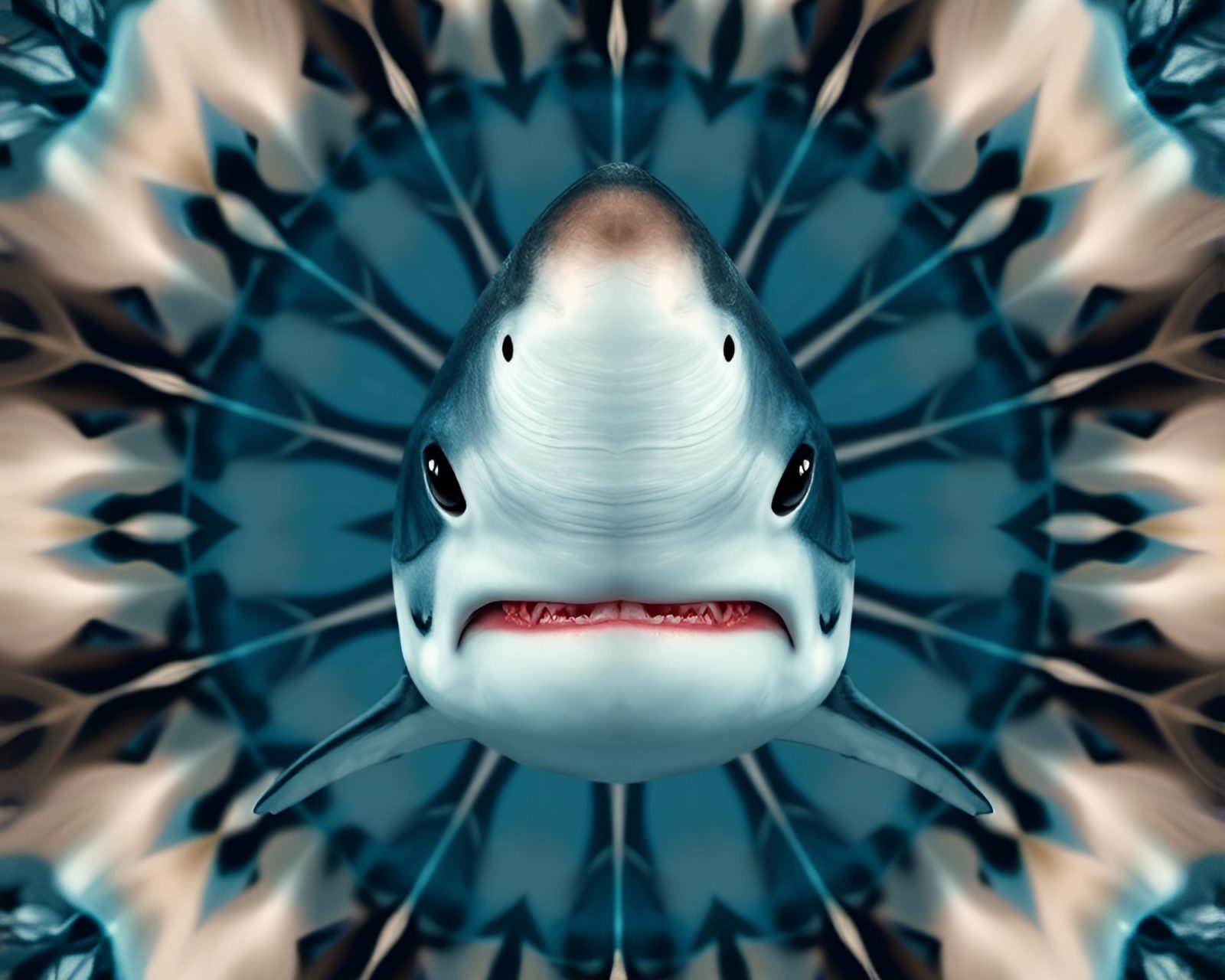 Radially symmetrical shark in vibrant contour art style.