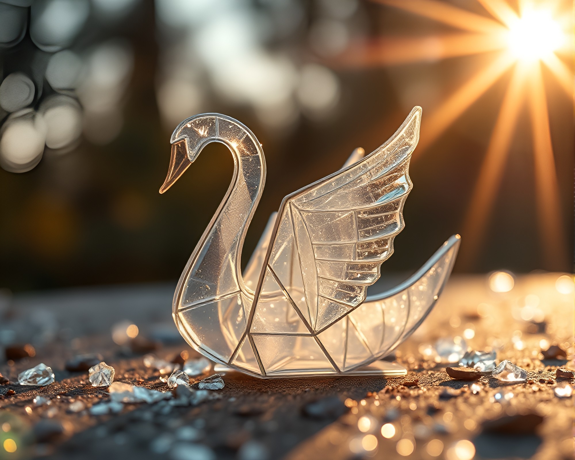 Surreal Origami Swan amidst Glass Shards in Sunbeam Rays – free AI stock image