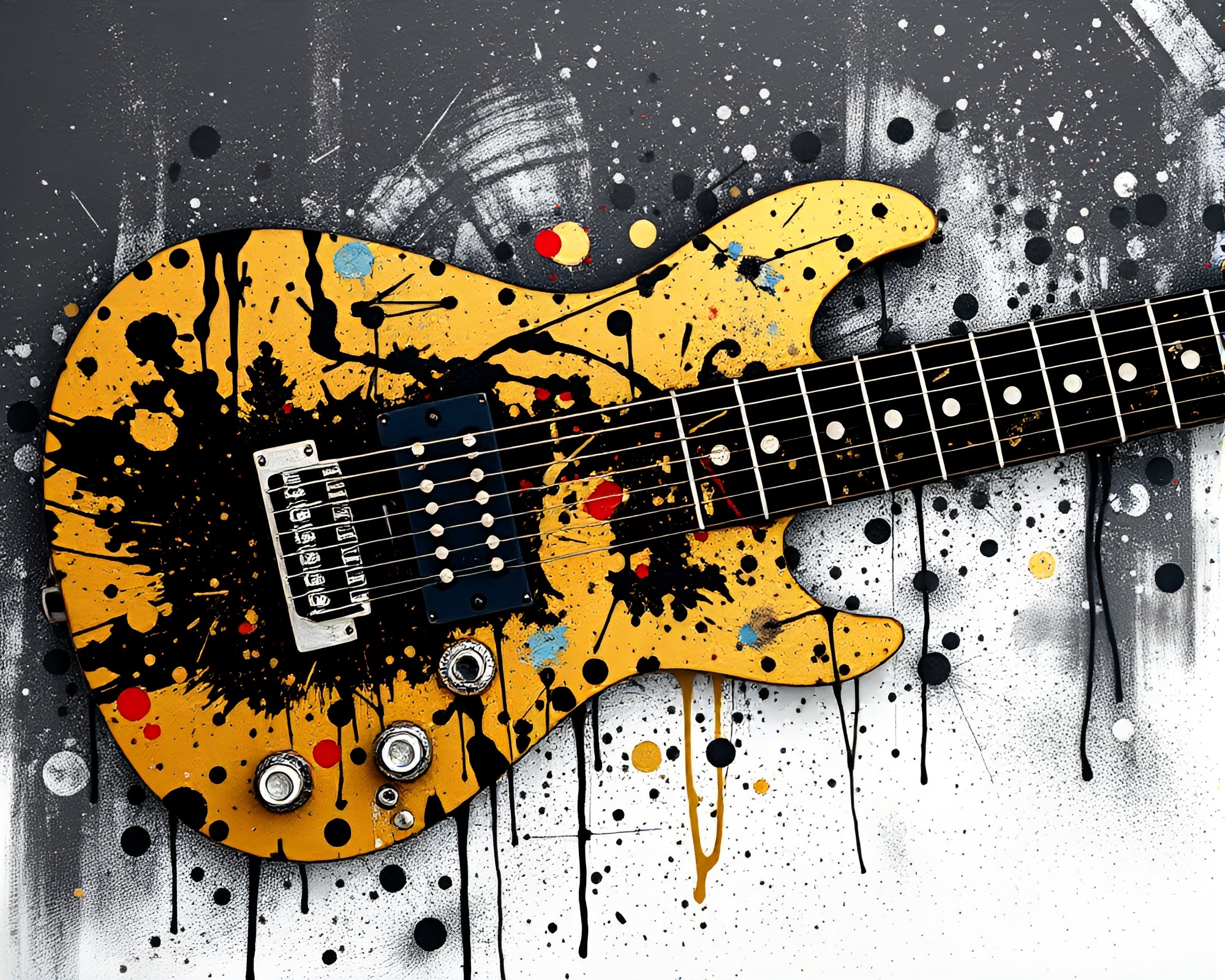 Shredded Guitar Solo in Metallic Paint Splatter Universe – free AI stock image