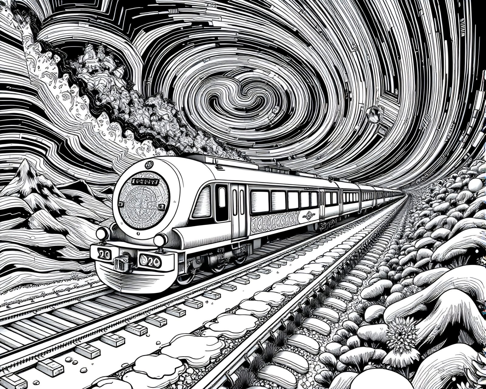Illustration of sleek train floating among Milky Way swirls