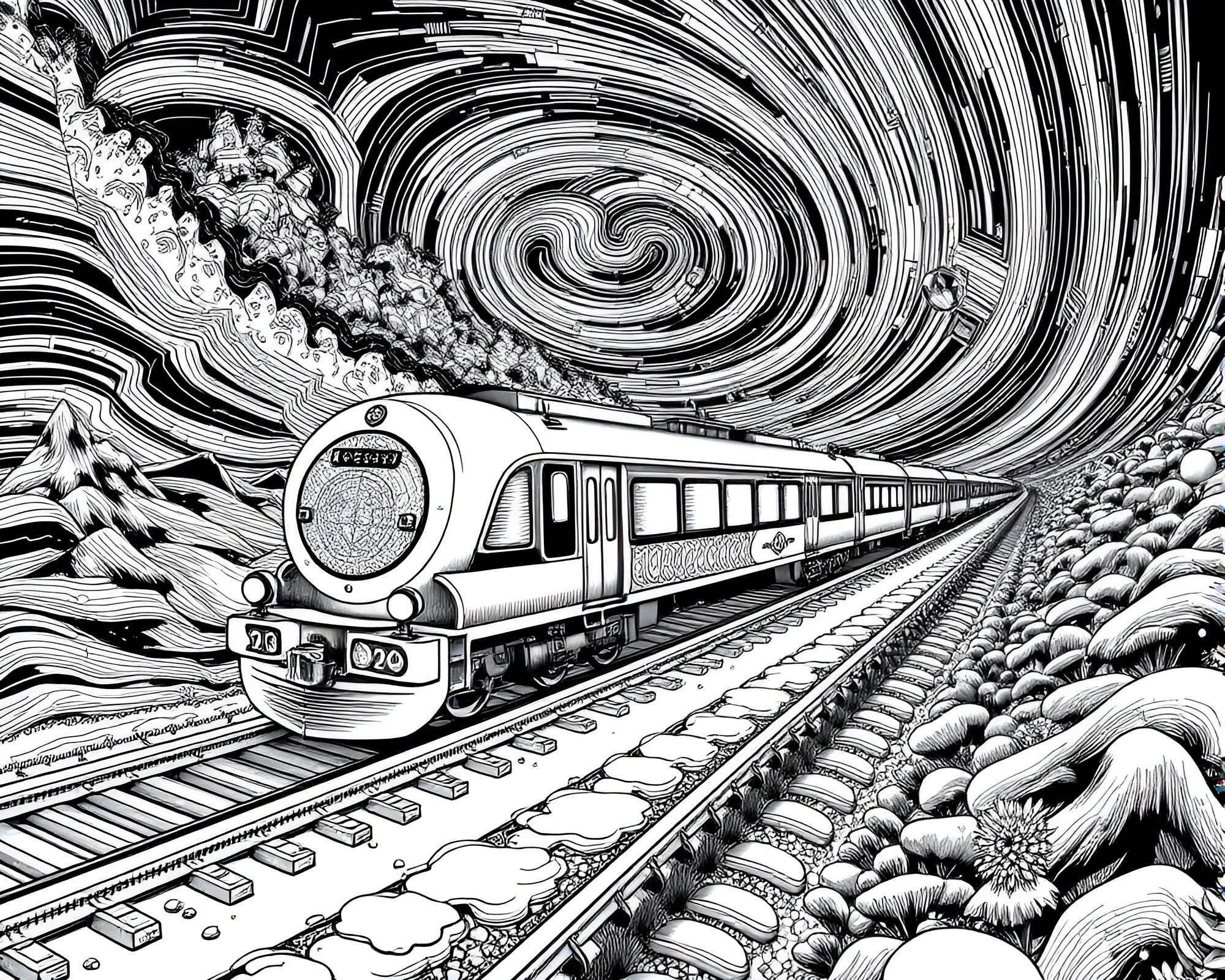 Magnetic Levitation Train in Cosmic Crosshatching – free AI stock image
