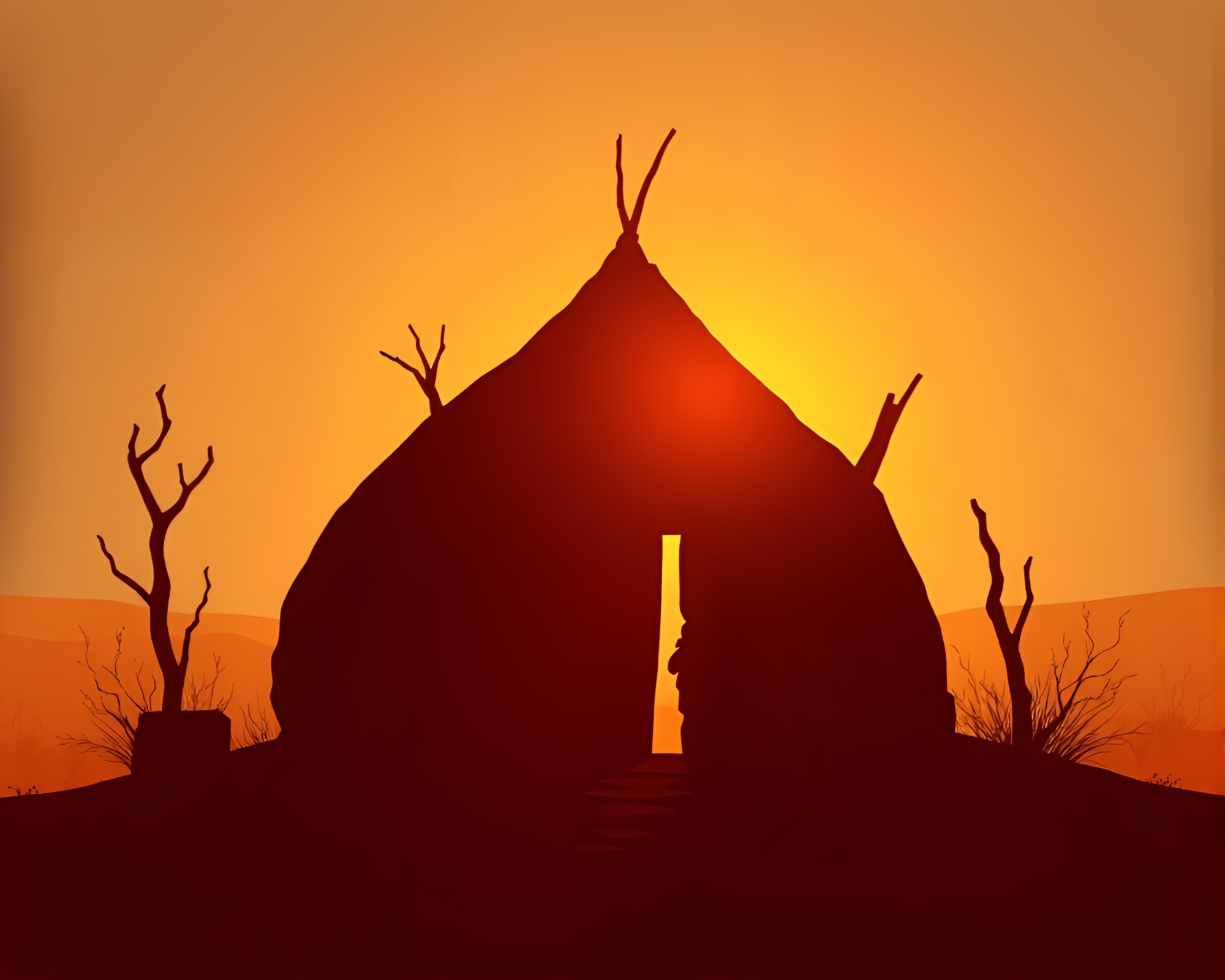 Illuminated Mud Hut Silhouette in Topaz Brightness – free AI stock image