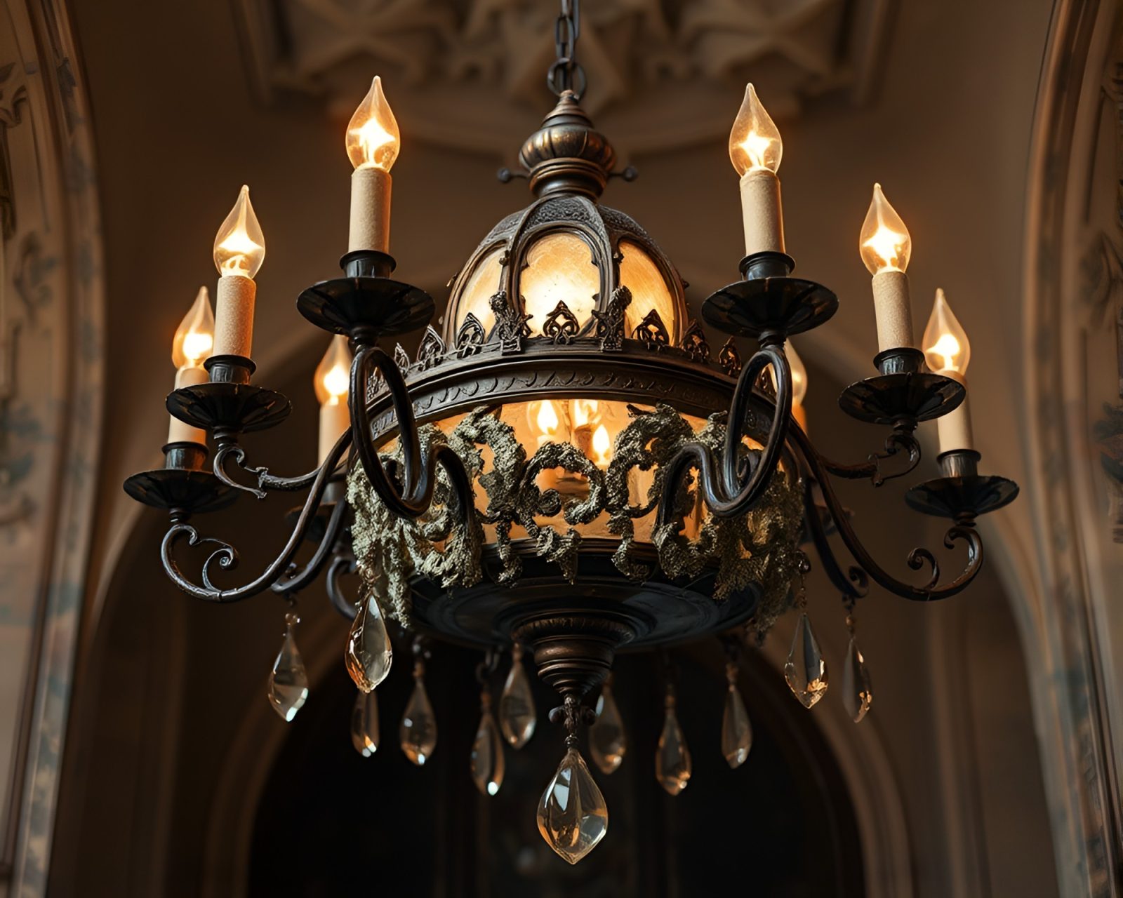 Detailed toon-shaded chandelier intertwined with lichen in warm hues