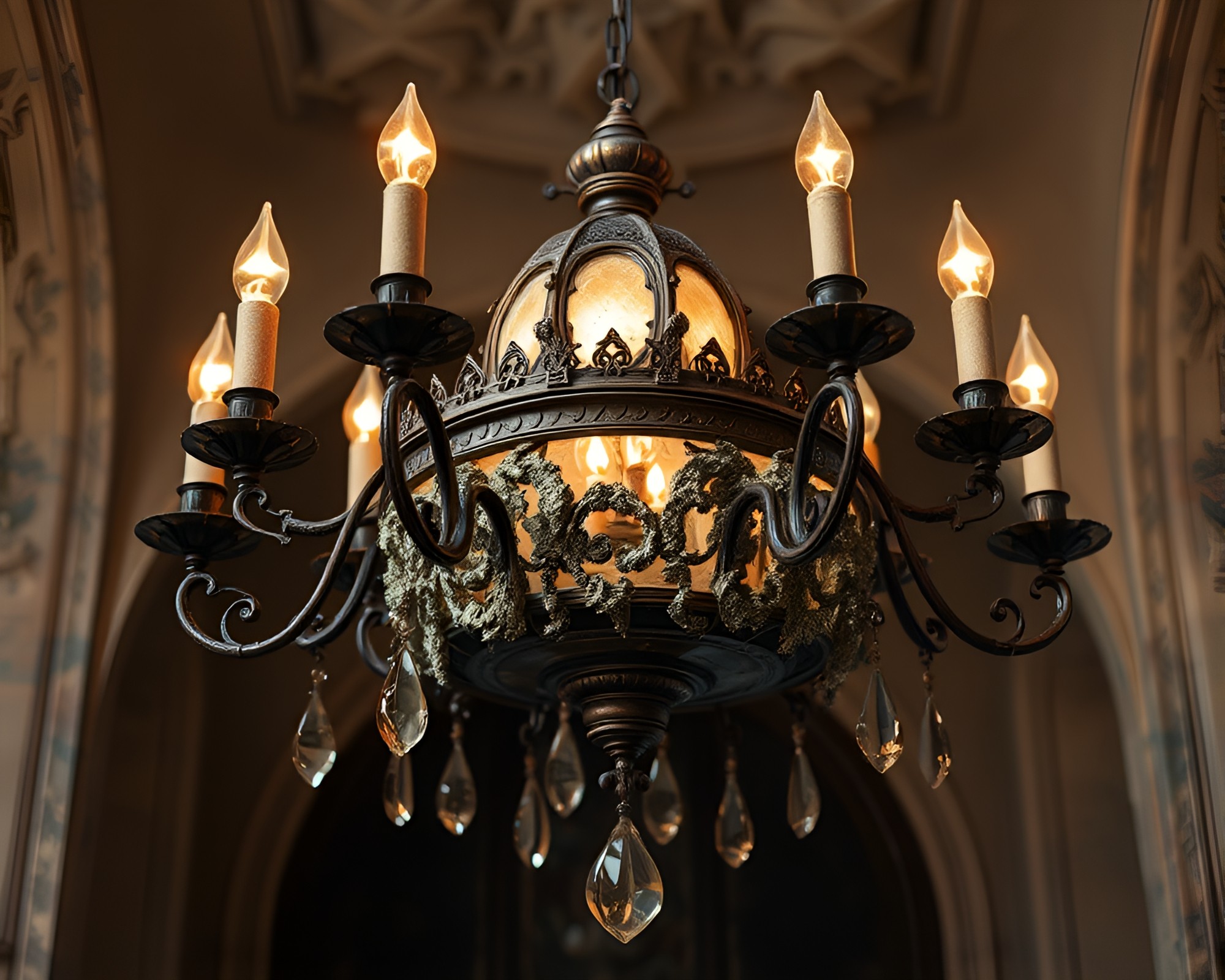 Gothic Chandelier with Lichen Texture in Copper Tones – free AI stock image