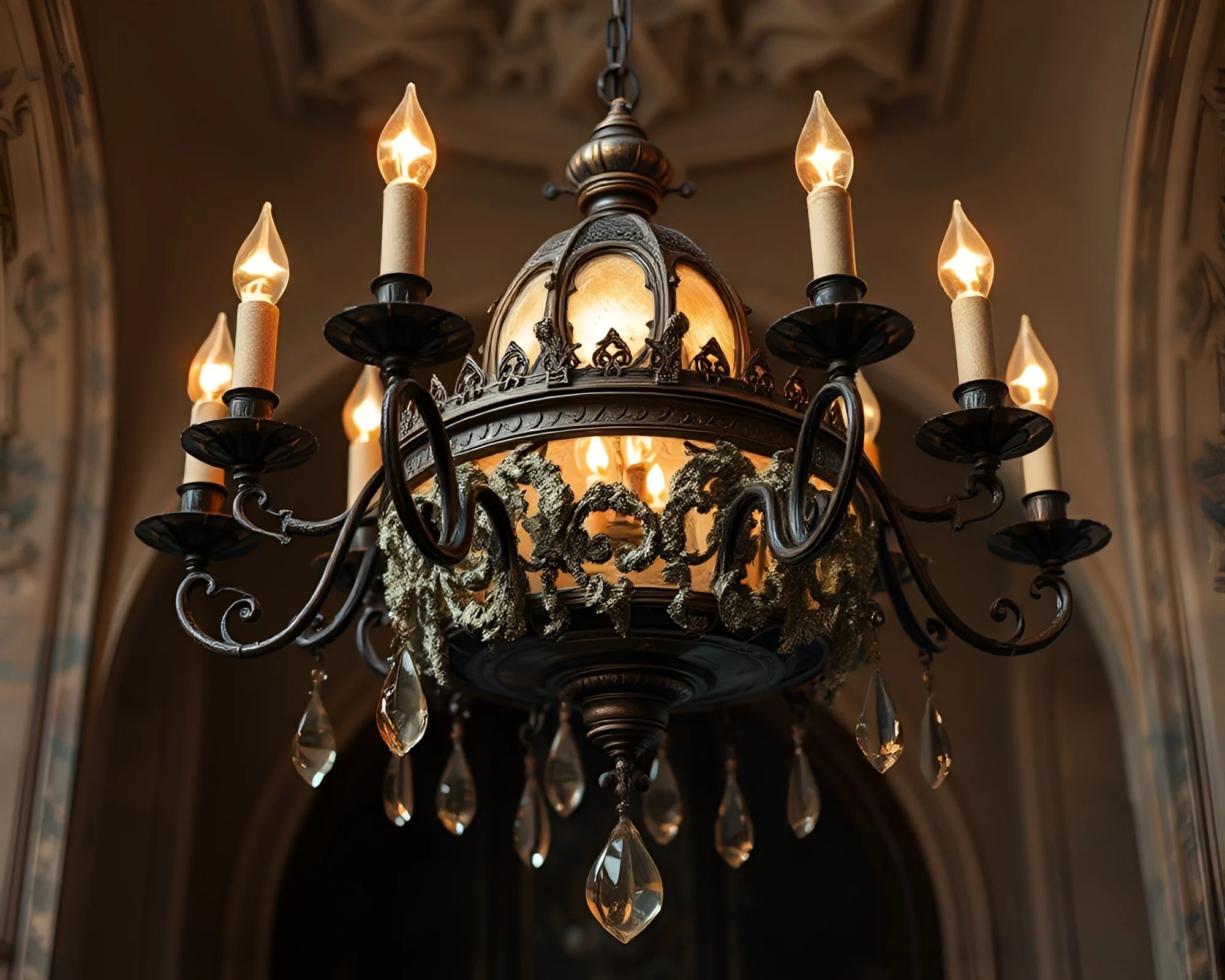 Gothic Chandelier with Lichen Texture in Copper Tones